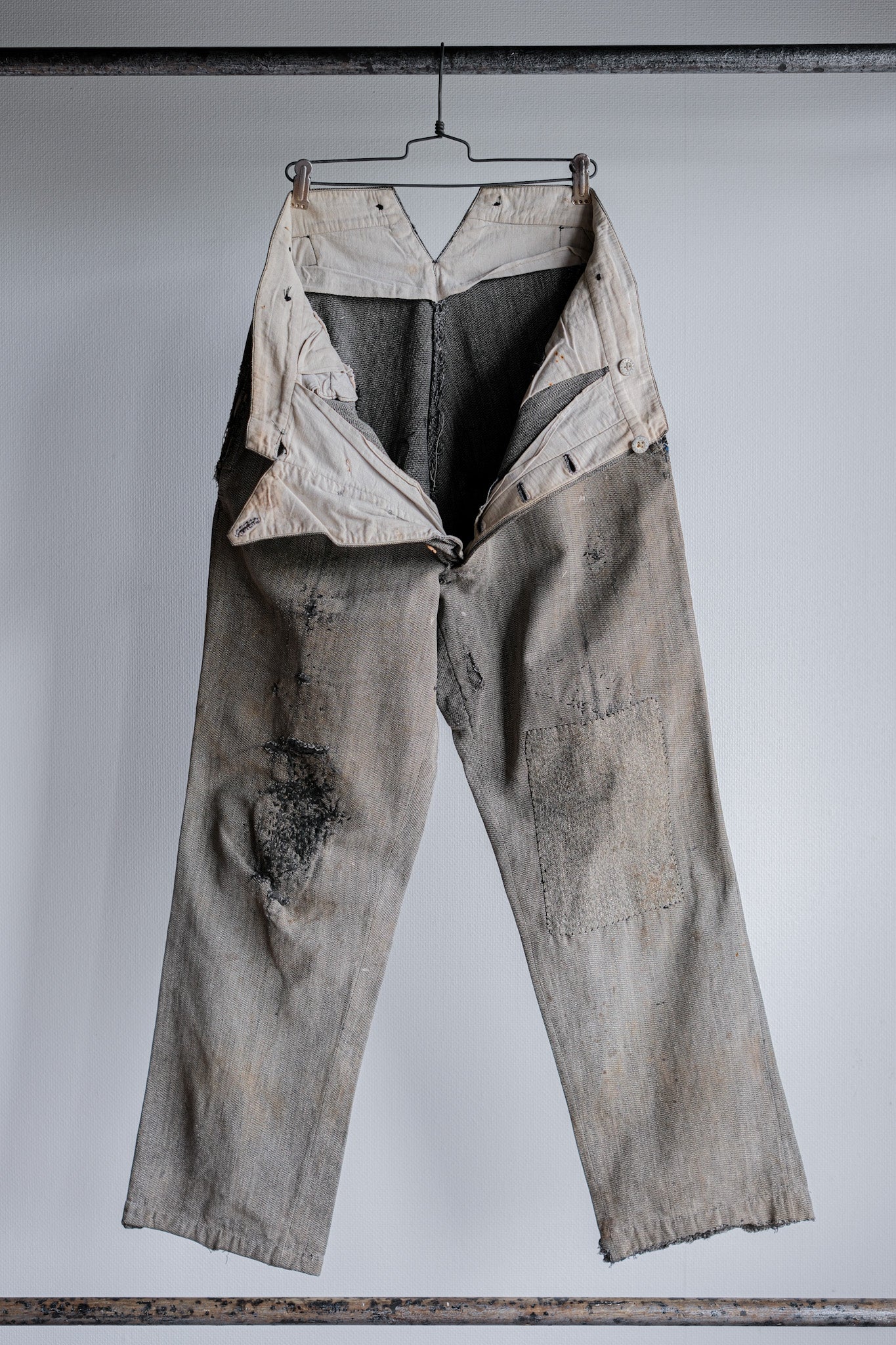 【~10's】French Antique Salt & Pepper Cotton Twill Work Pants "Boro"