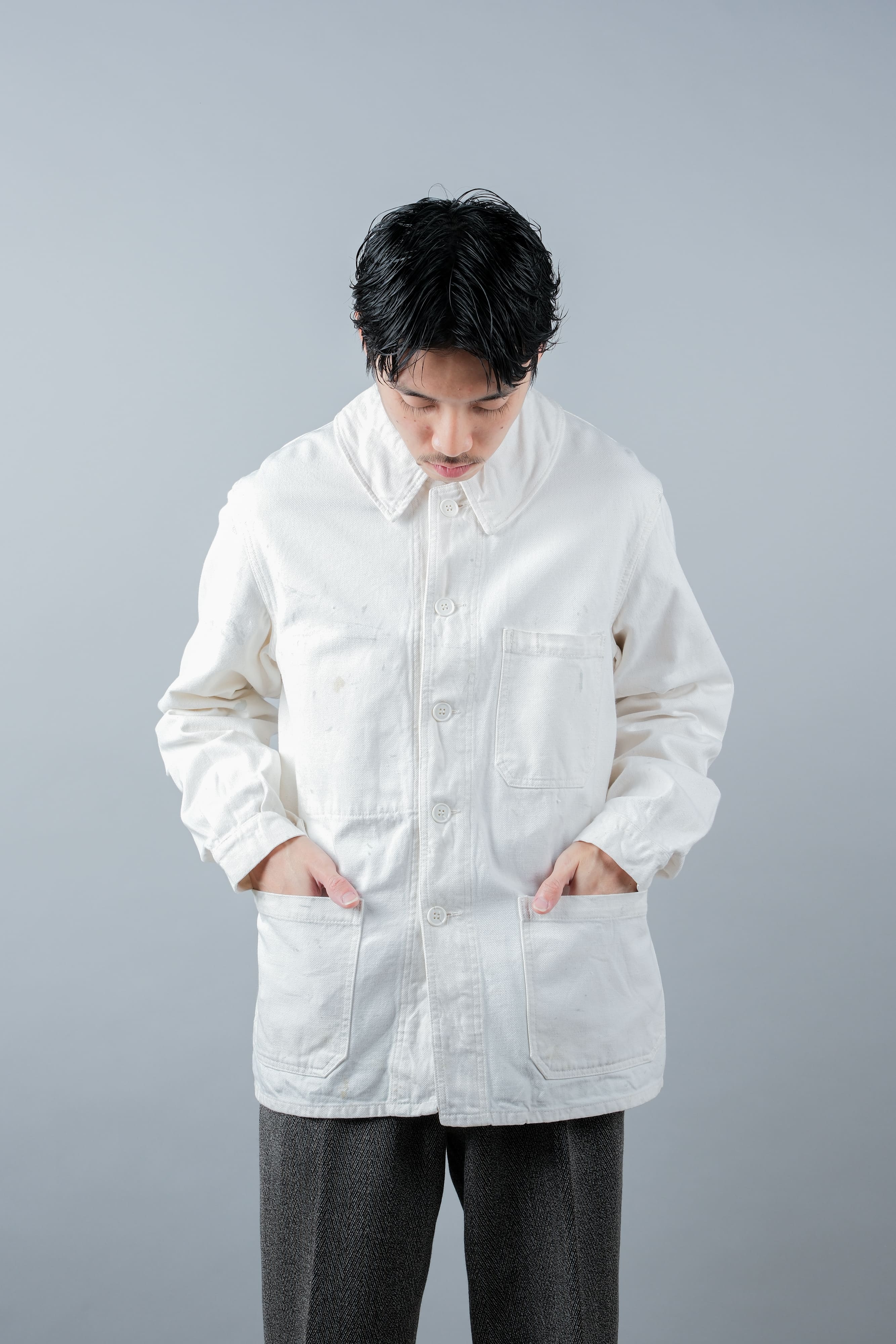 【~60's】French Vintage White Cotton Twill Work Jacket