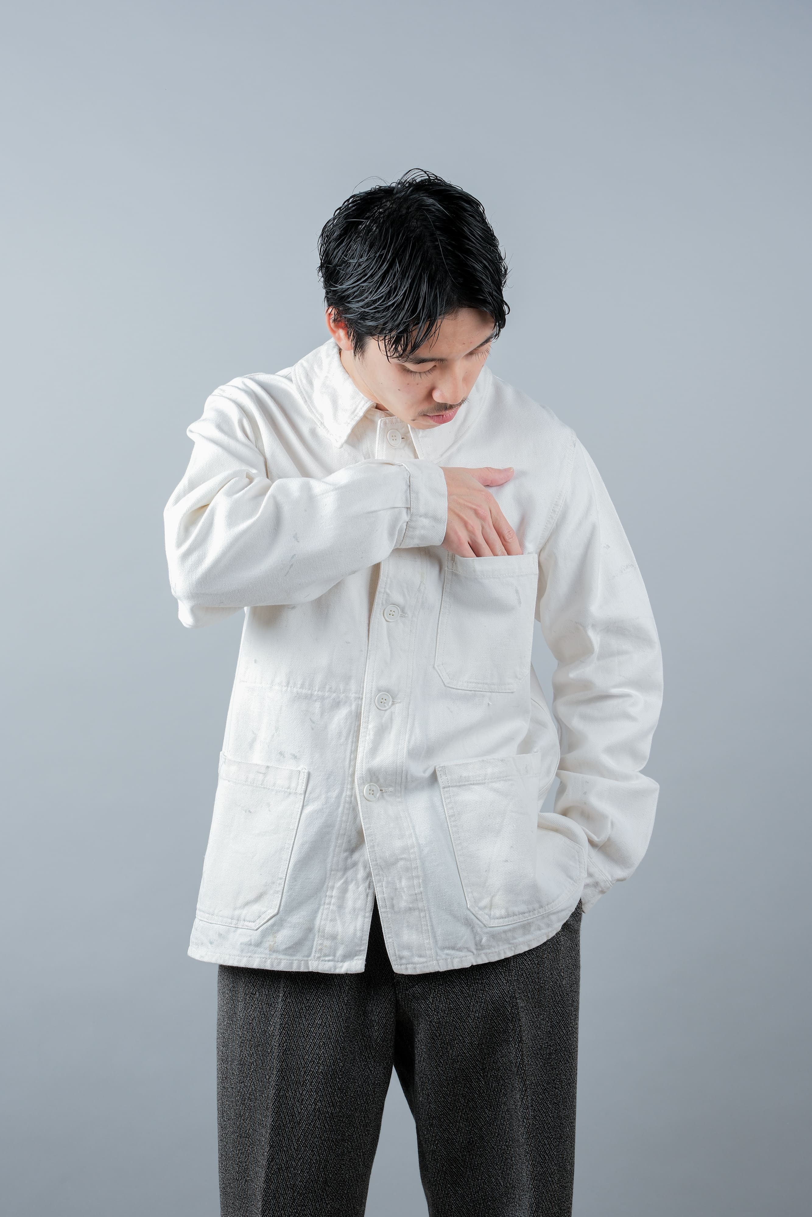 【~60's】French Vintage White Cotton Twill Work Jacket
