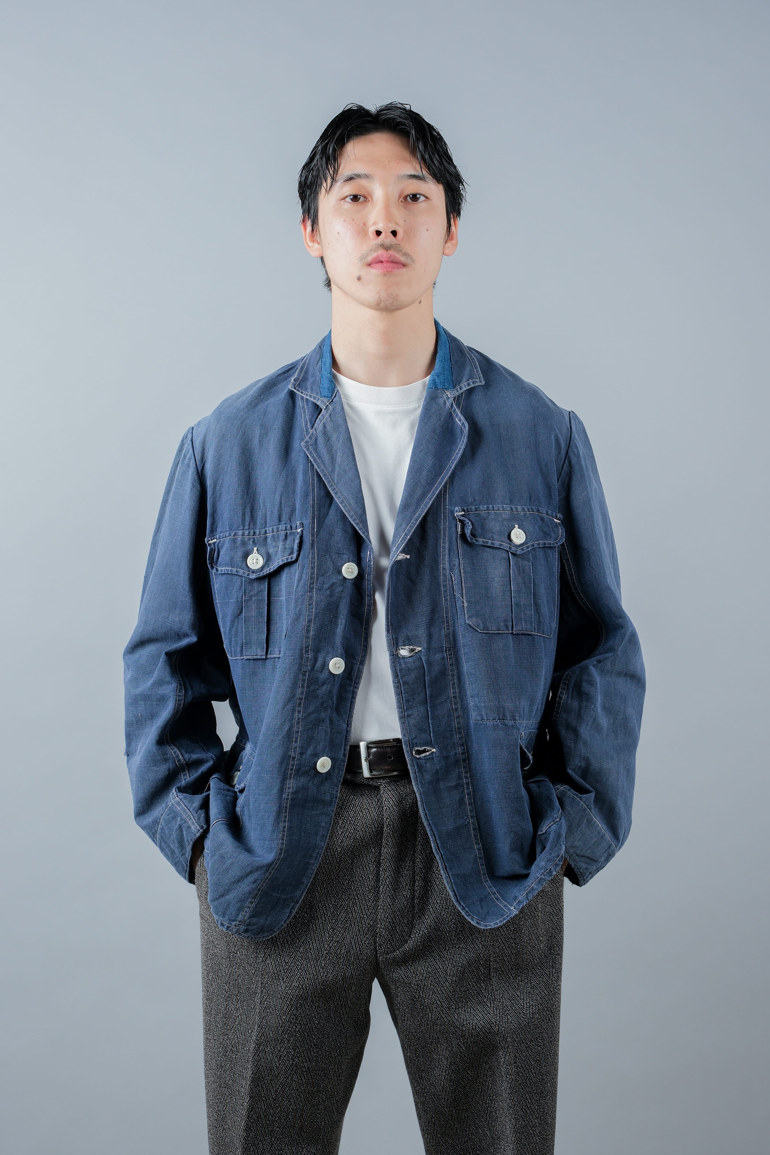 【~30’s】French Vintage Indigo Linen 4 Pockets Lapel Work Jacket