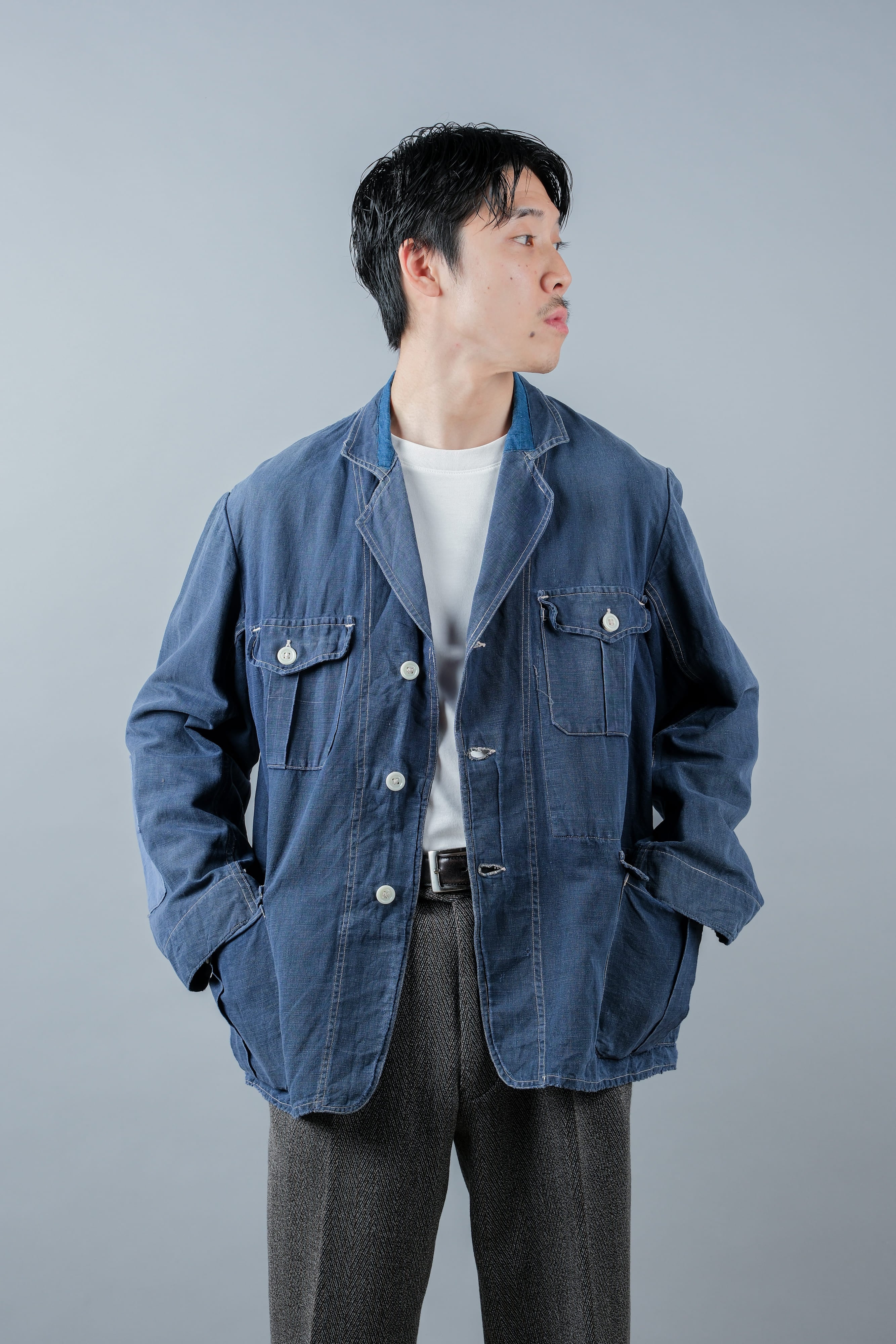【~30’s】French Vintage Indigo Linen 4 Pockets Lapel Work Jacket