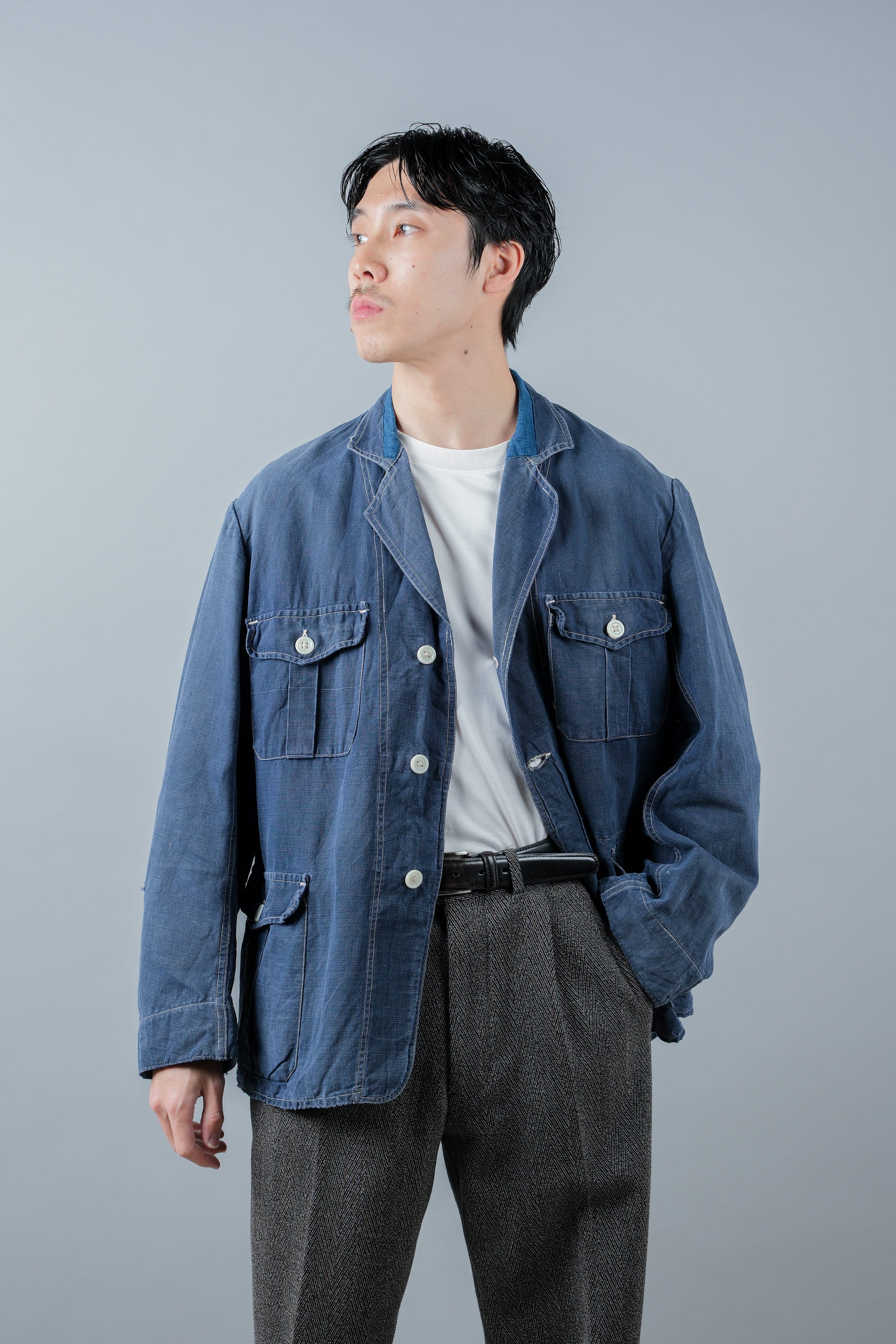【~30’s】French Vintage Indigo Linen 4 Pockets Lapel Work Jacket