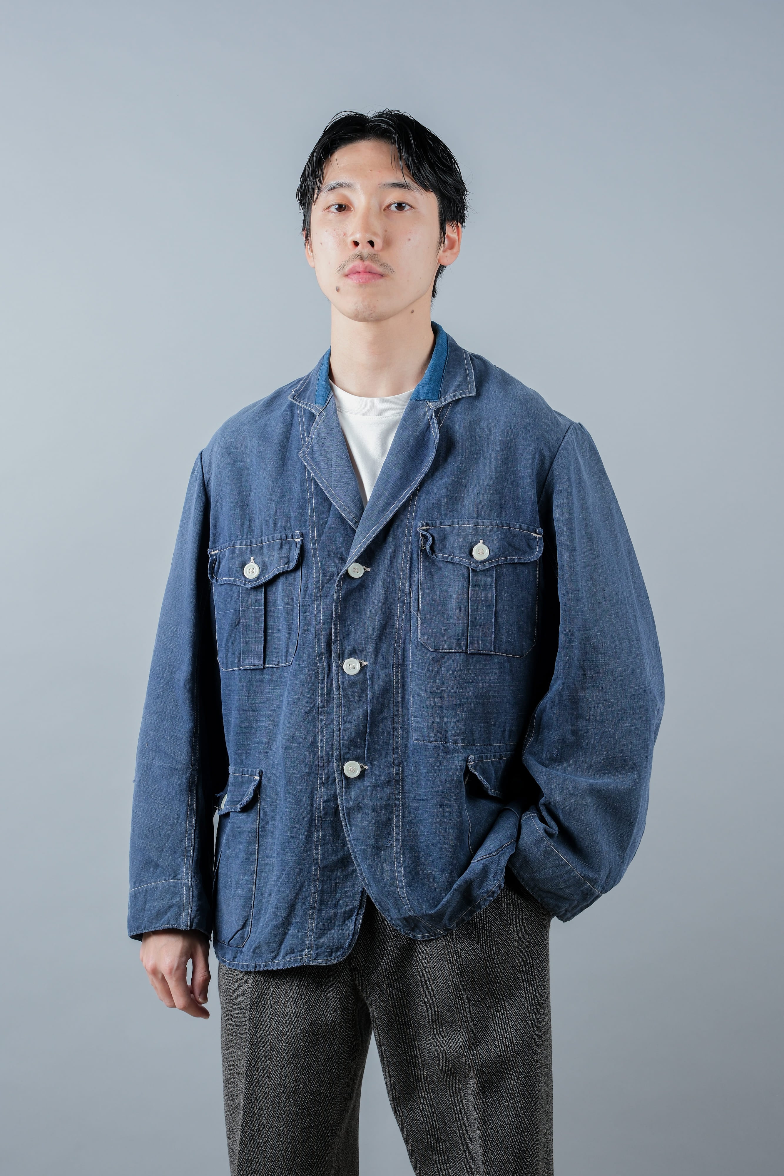 【~30’s】French Vintage Indigo Linen 4 Pockets Lapel Work Jacket