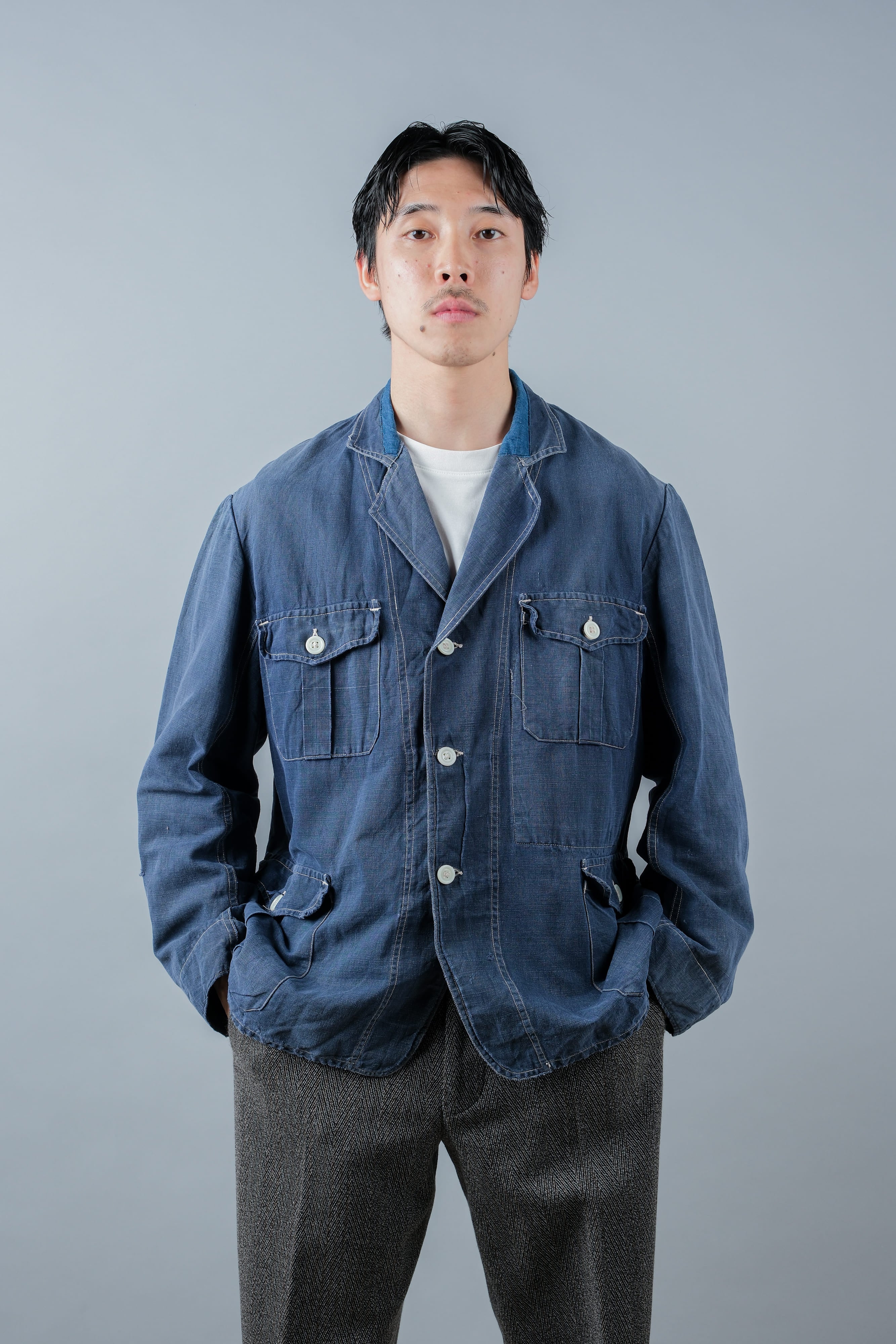 【~30’s】French Vintage Indigo Linen 4 Pockets Lapel Work Jacket