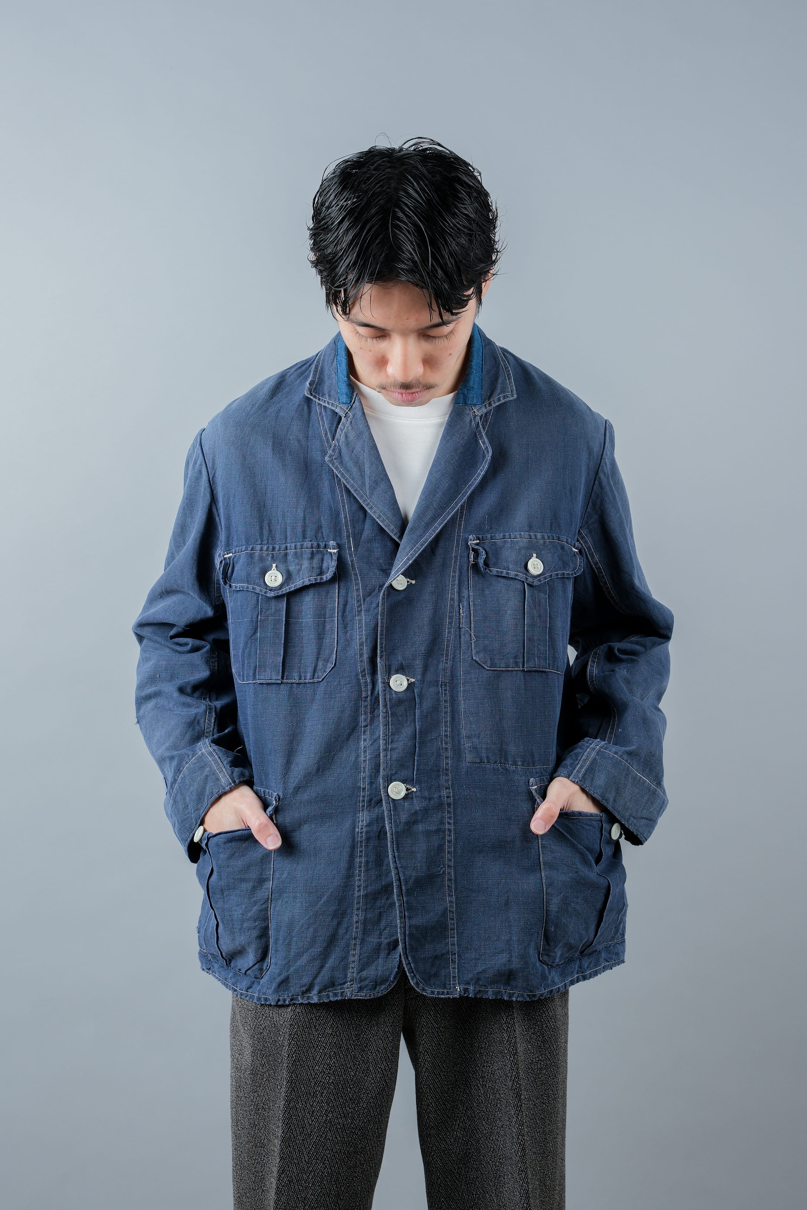 【~30’s】French Vintage Indigo Linen 4 Pockets Lapel Work Jacket