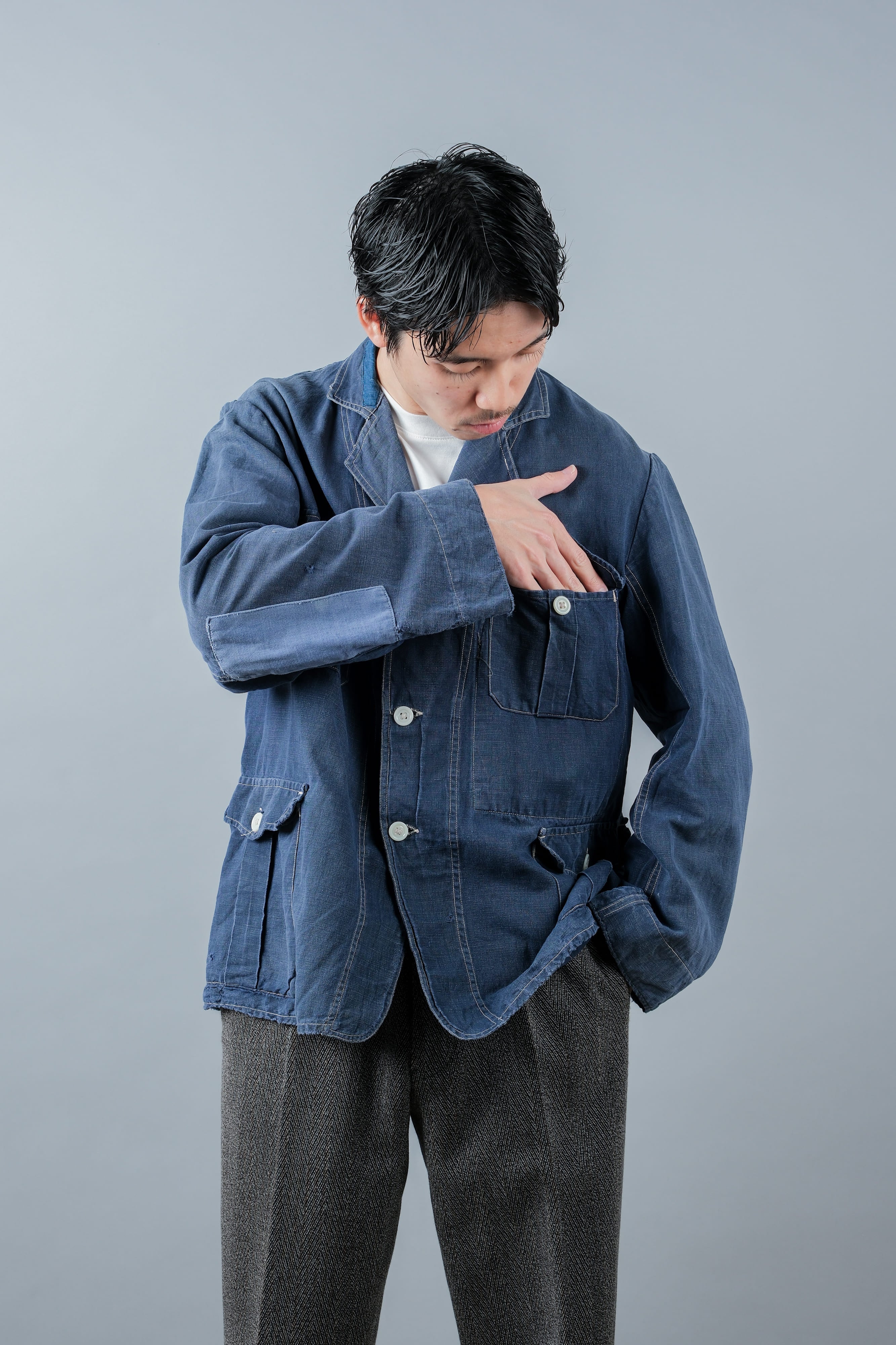 【~30’s】French Vintage Indigo Linen 4 Pockets Lapel Work Jacket