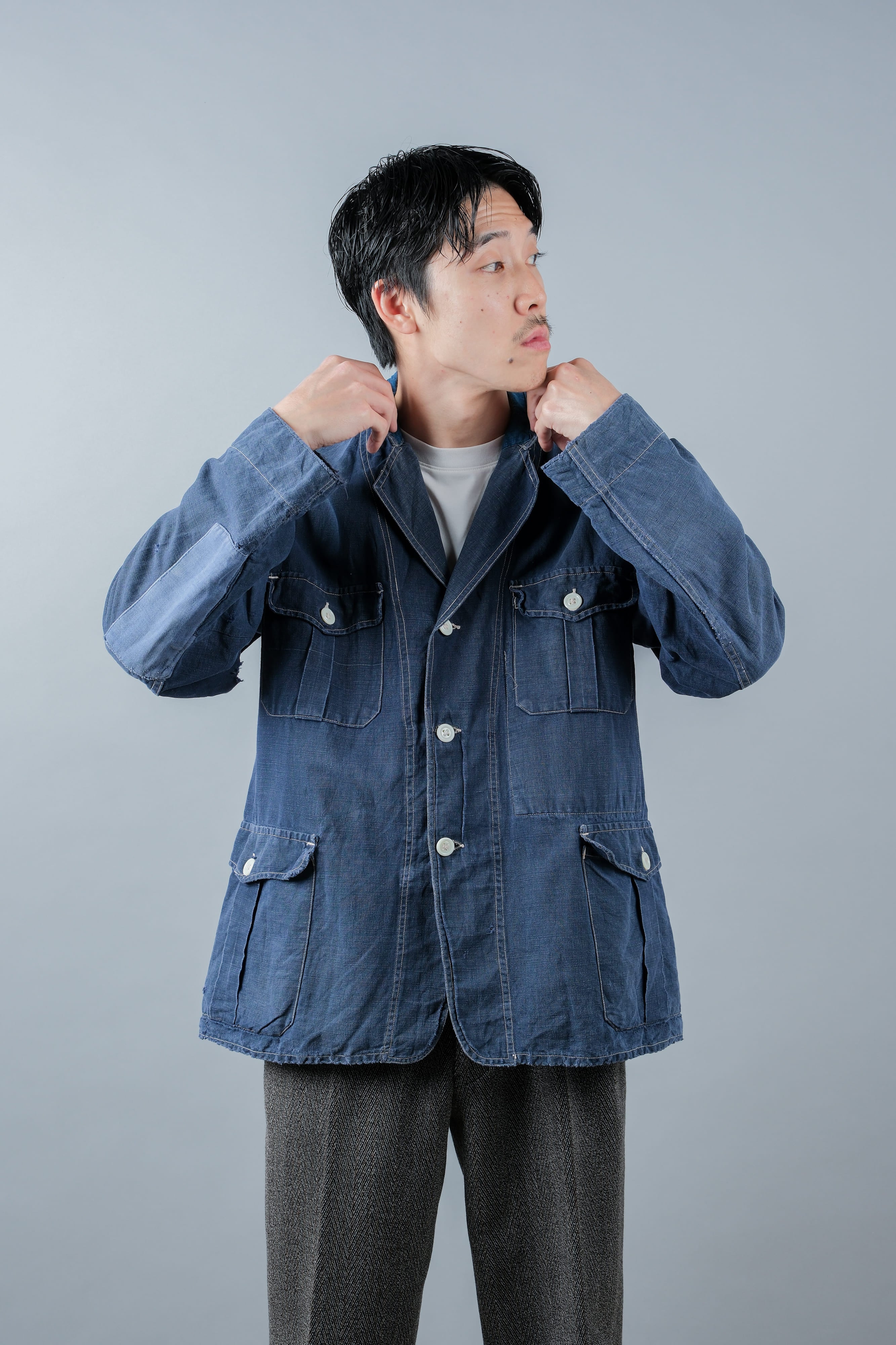 【~30’s】French Vintage Indigo Linen 4 Pockets Lapel Work Jacket