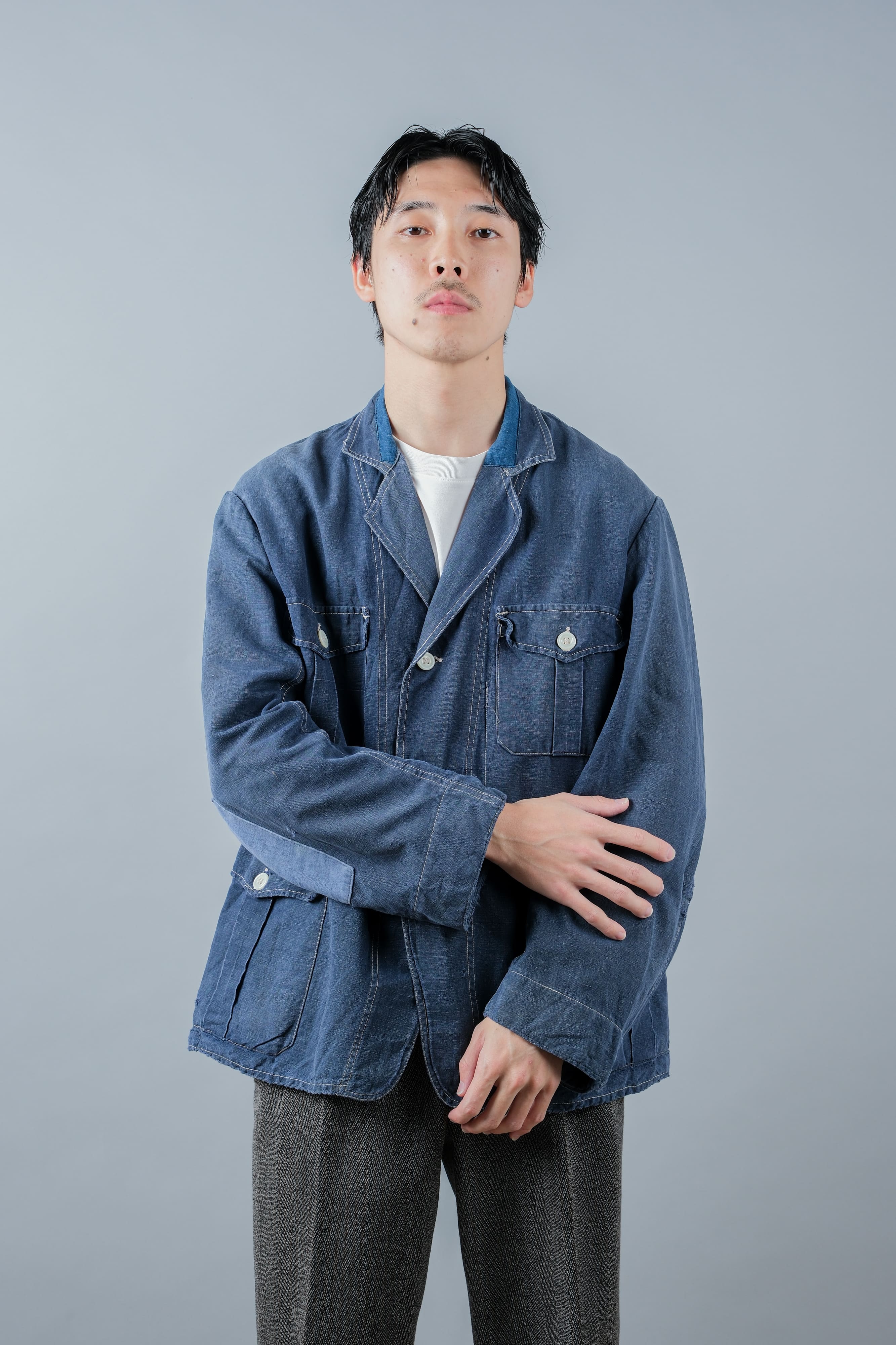 【~30’s】French Vintage Indigo Linen 4 Pockets Lapel Work Jacket