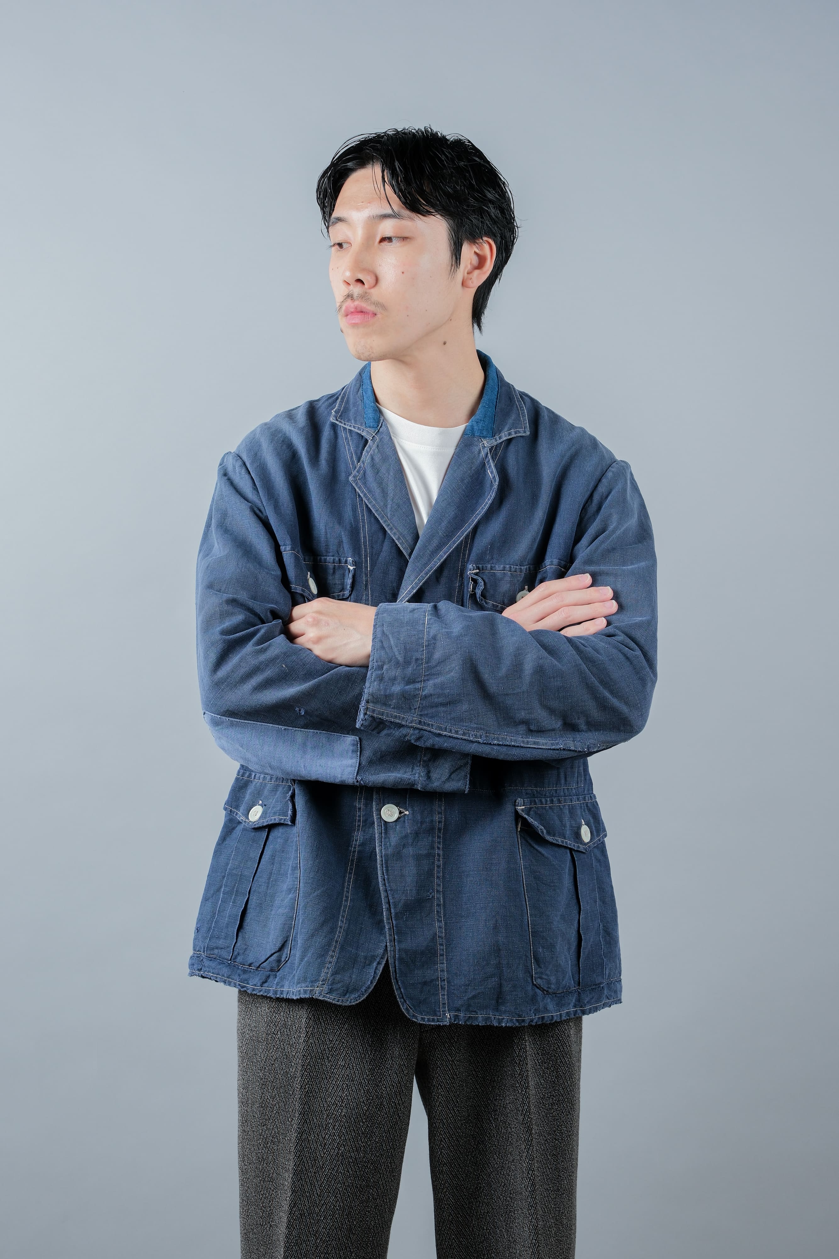 【~30’s】French Vintage Indigo Linen 4 Pockets Lapel Work Jacket