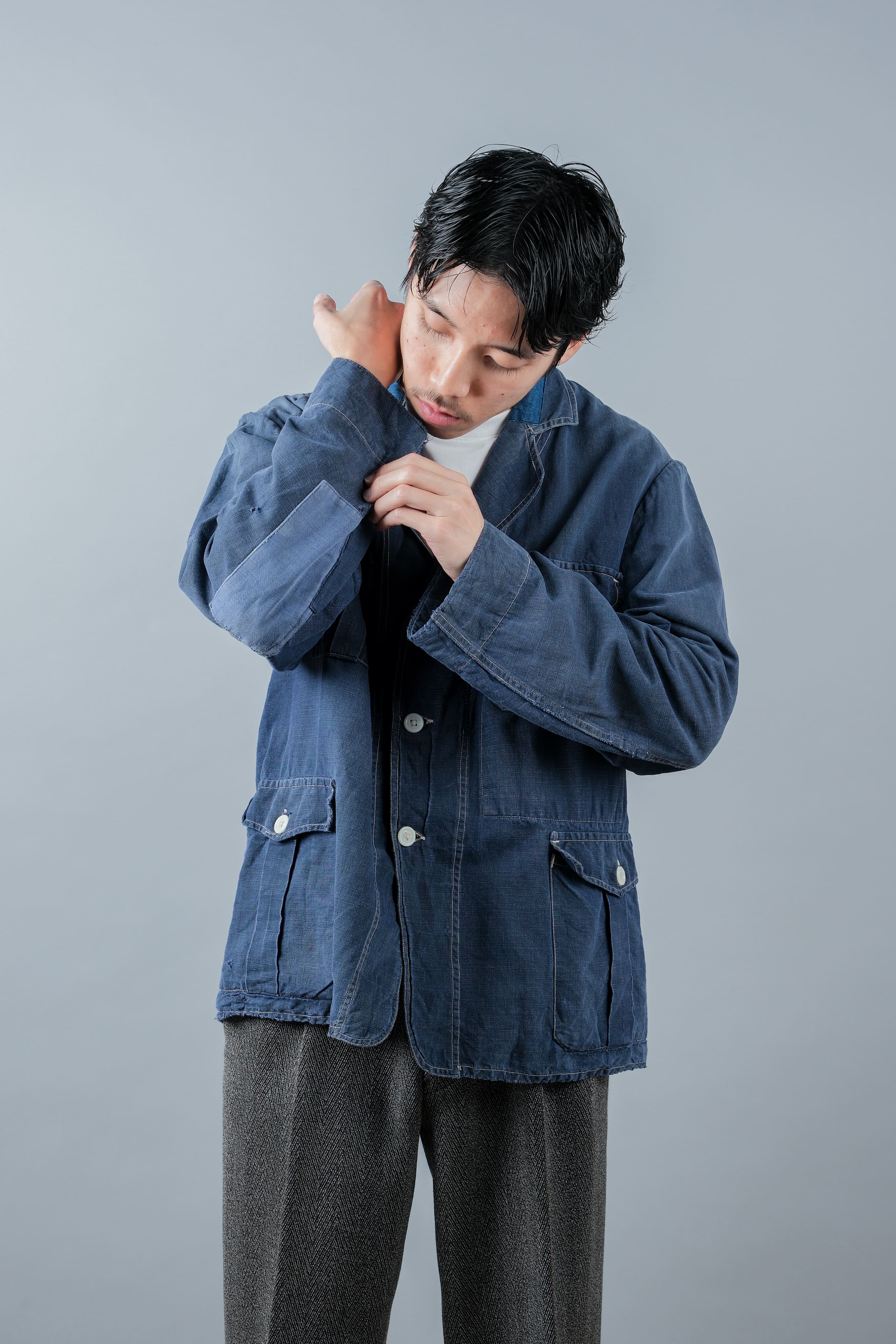 【~30’s】French Vintage Indigo Linen 4 Pockets Lapel Work Jacket