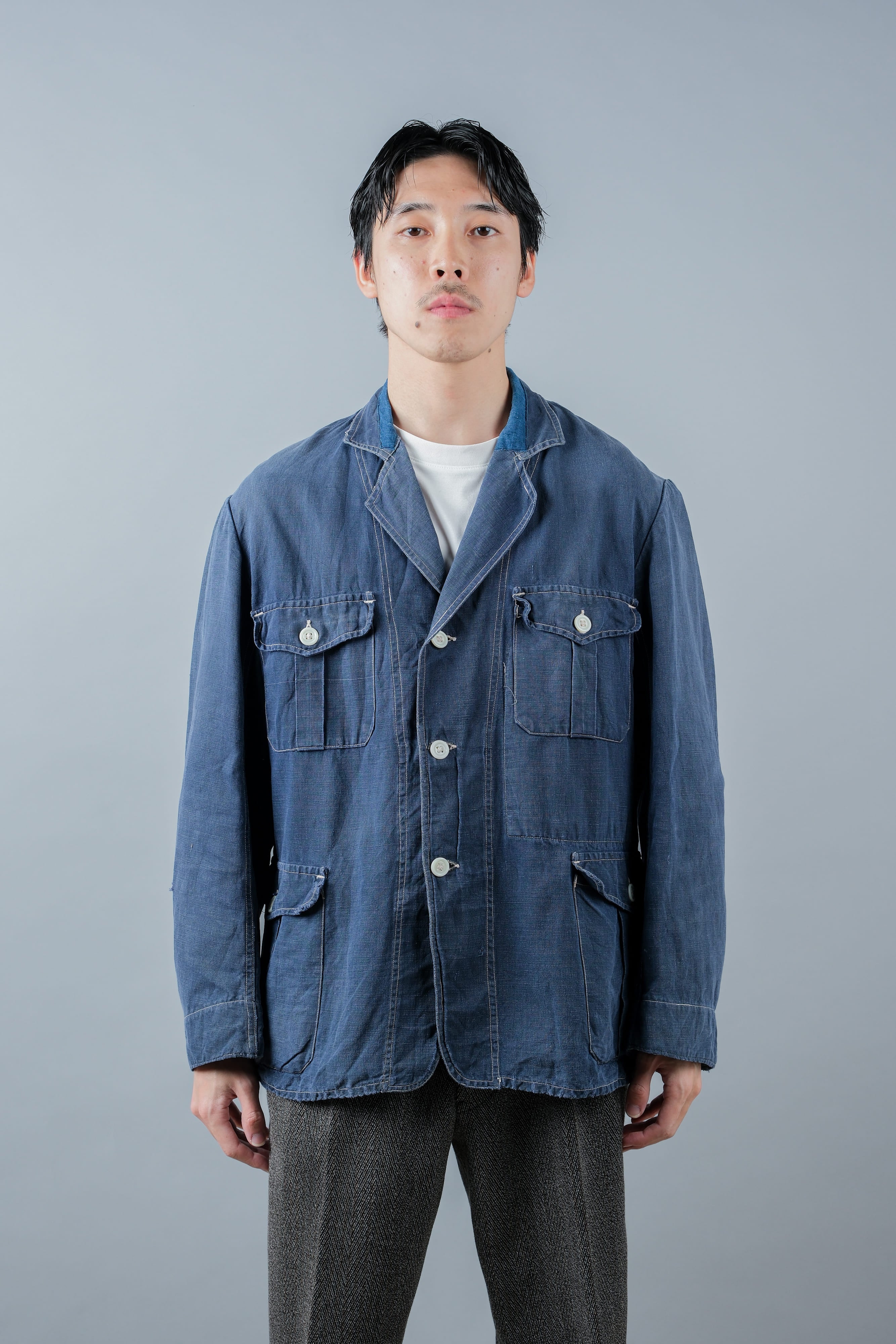 【~30’s】French Vintage Indigo Linen 4 Pockets Lapel Work Jacket