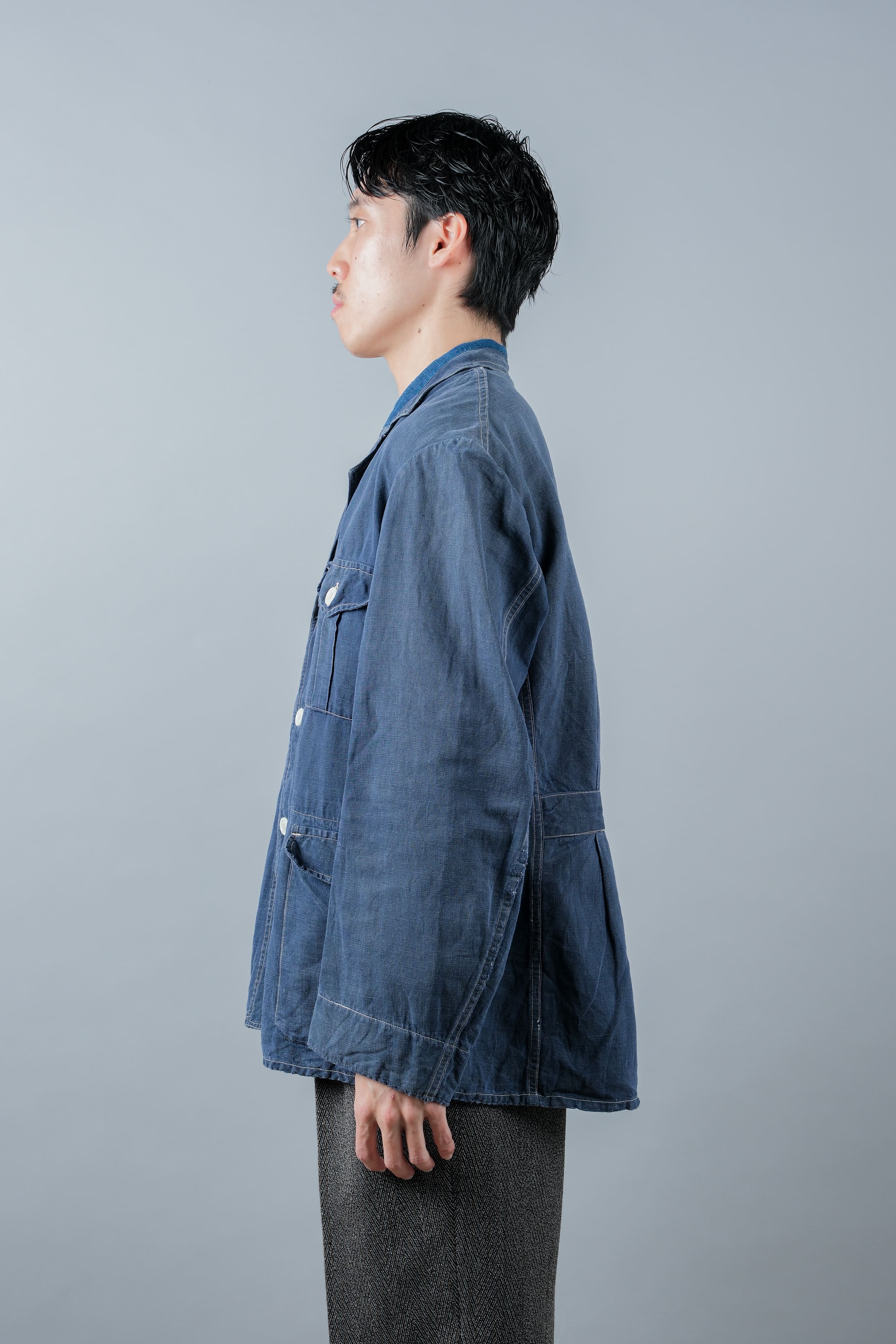【~30’s】French Vintage Indigo Linen 4 Pockets Lapel Work Jacket