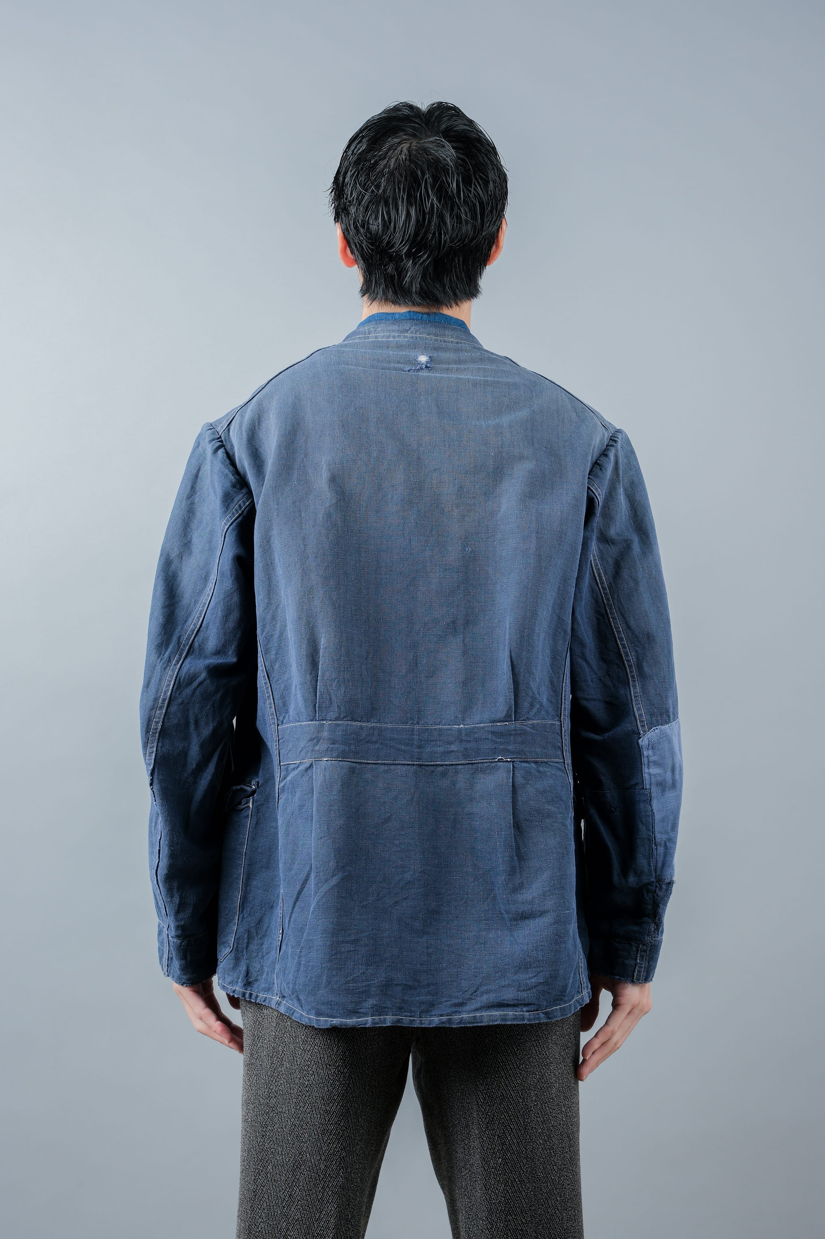 【~30’s】French Vintage Indigo Linen 4 Pockets Lapel Work Jacket
