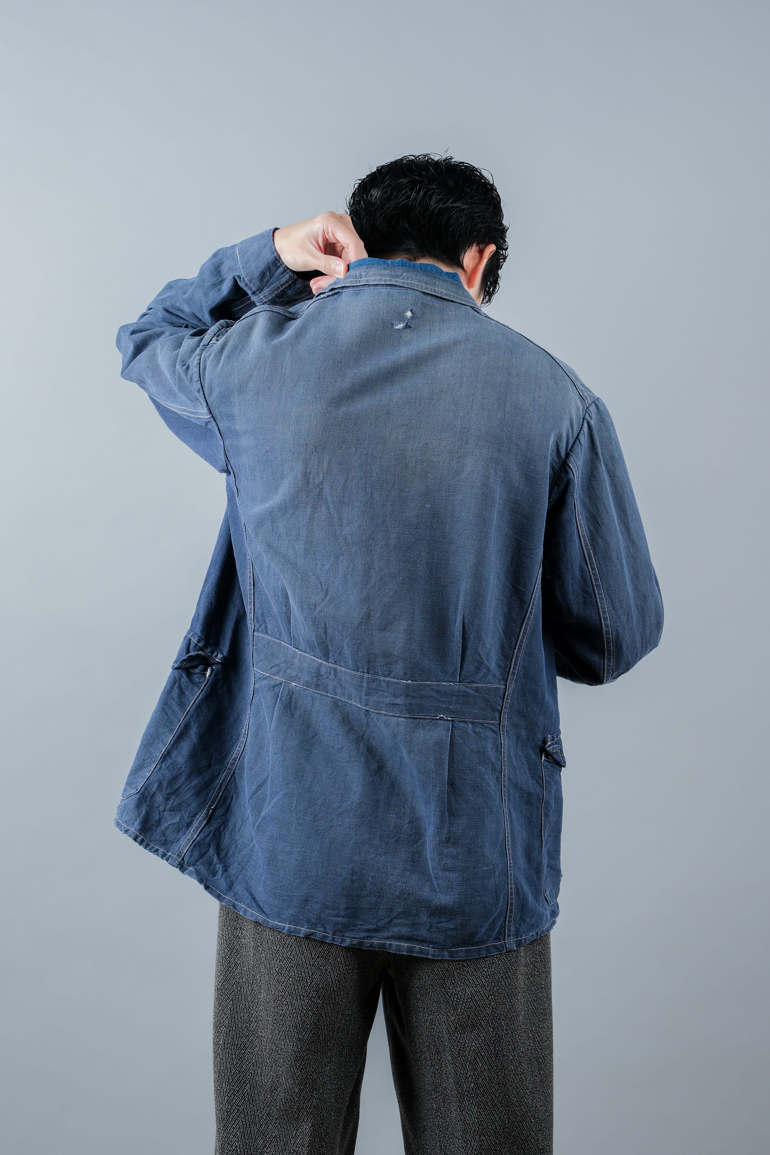 【~30’s】French Vintage Indigo Linen 4 Pockets Lapel Work Jacket