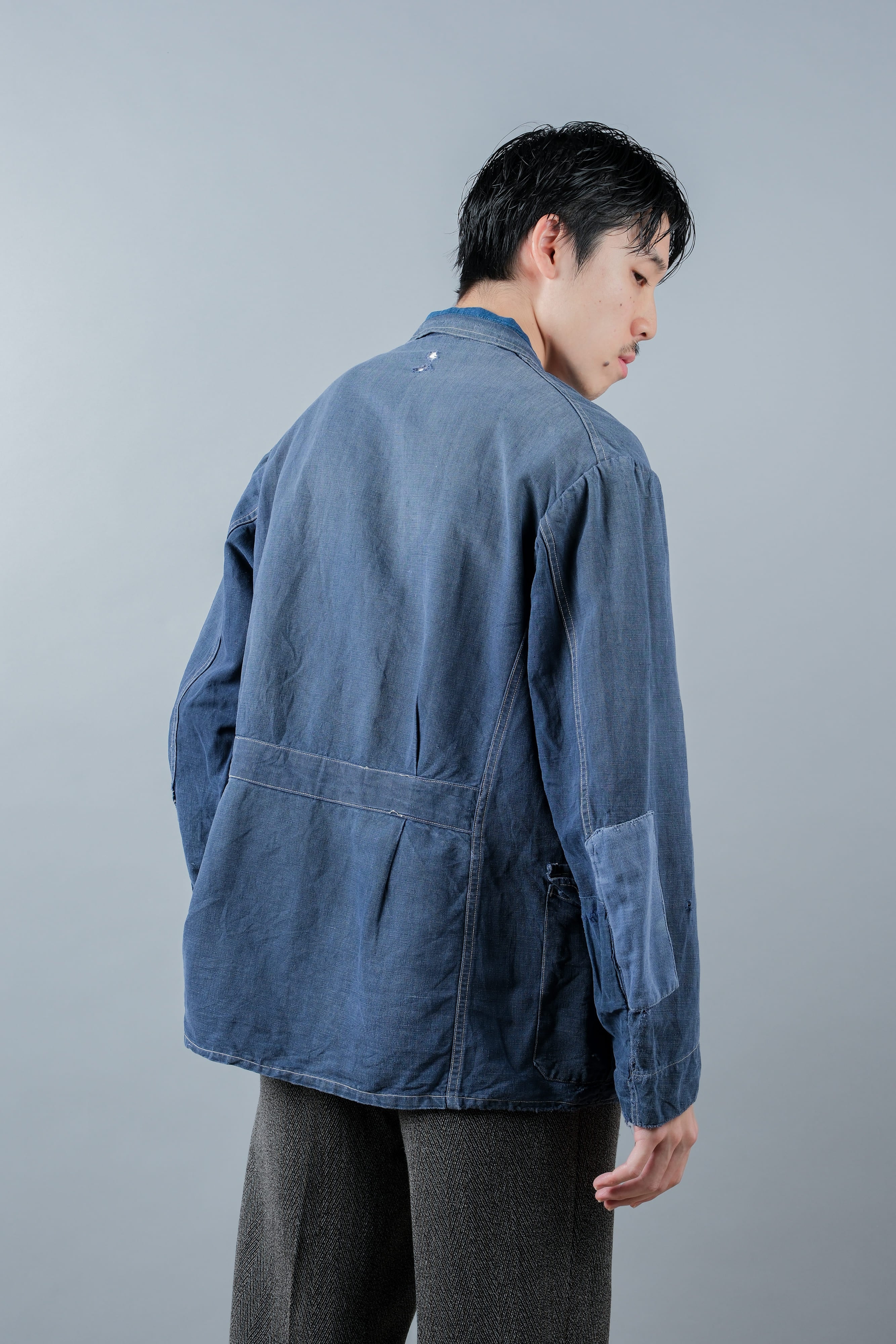 【~30’s】French Vintage Indigo Linen 4 Pockets Lapel Work Jacket
