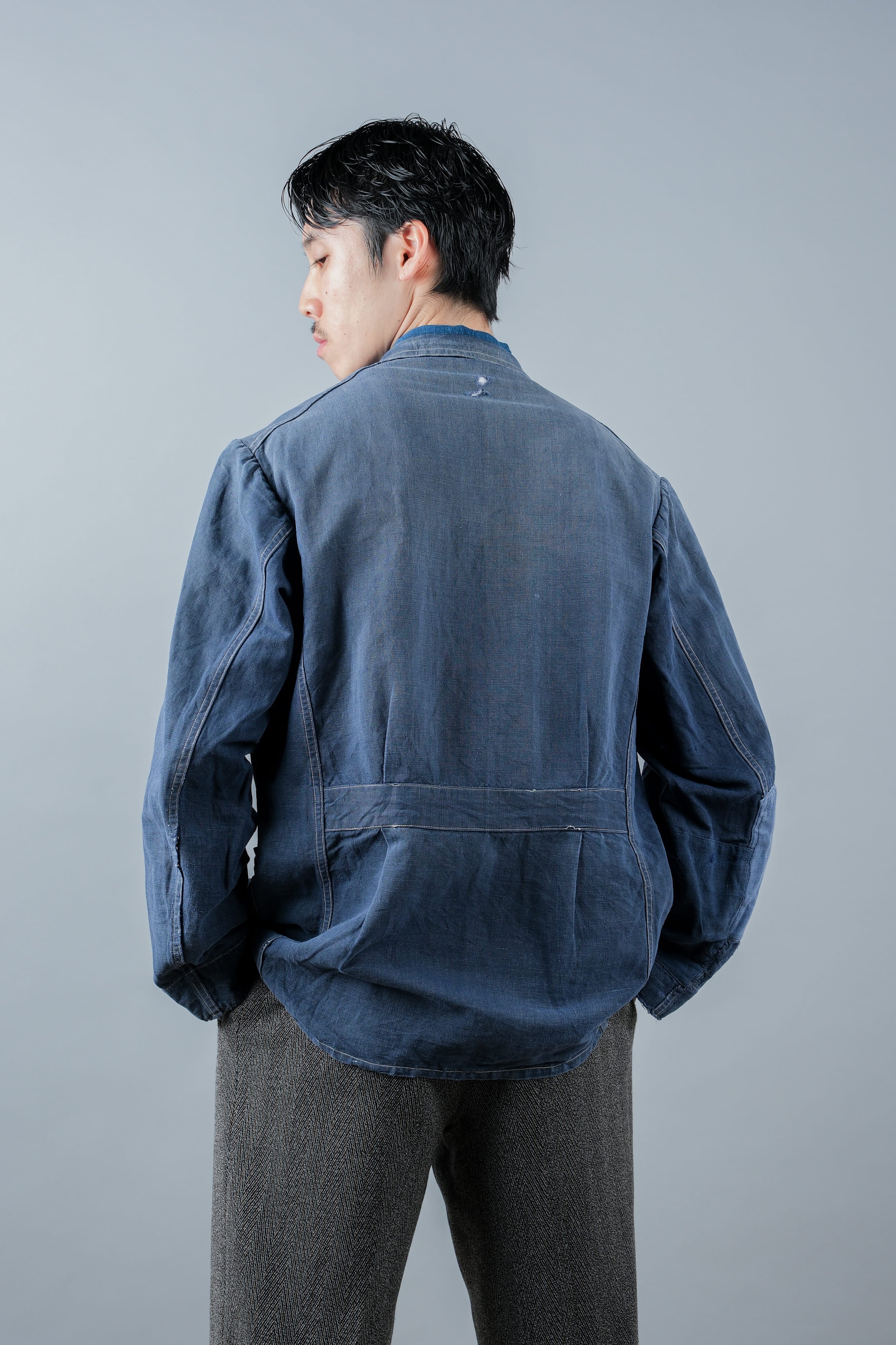 【~30’s】French Vintage Indigo Linen 4 Pockets Lapel Work Jacket
