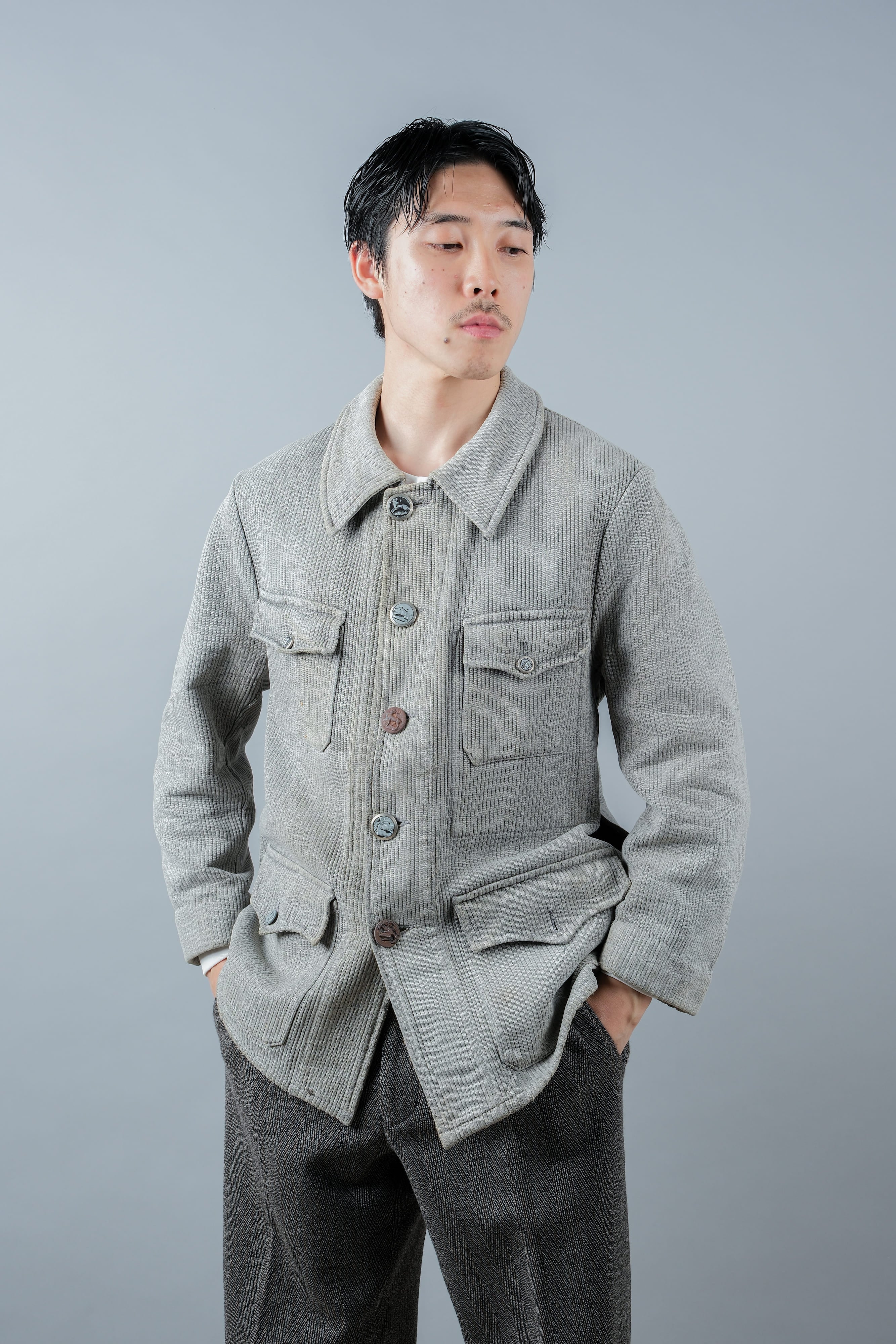 【~50's】French Vintage Gray Cotton Pique Hunting Jacket
