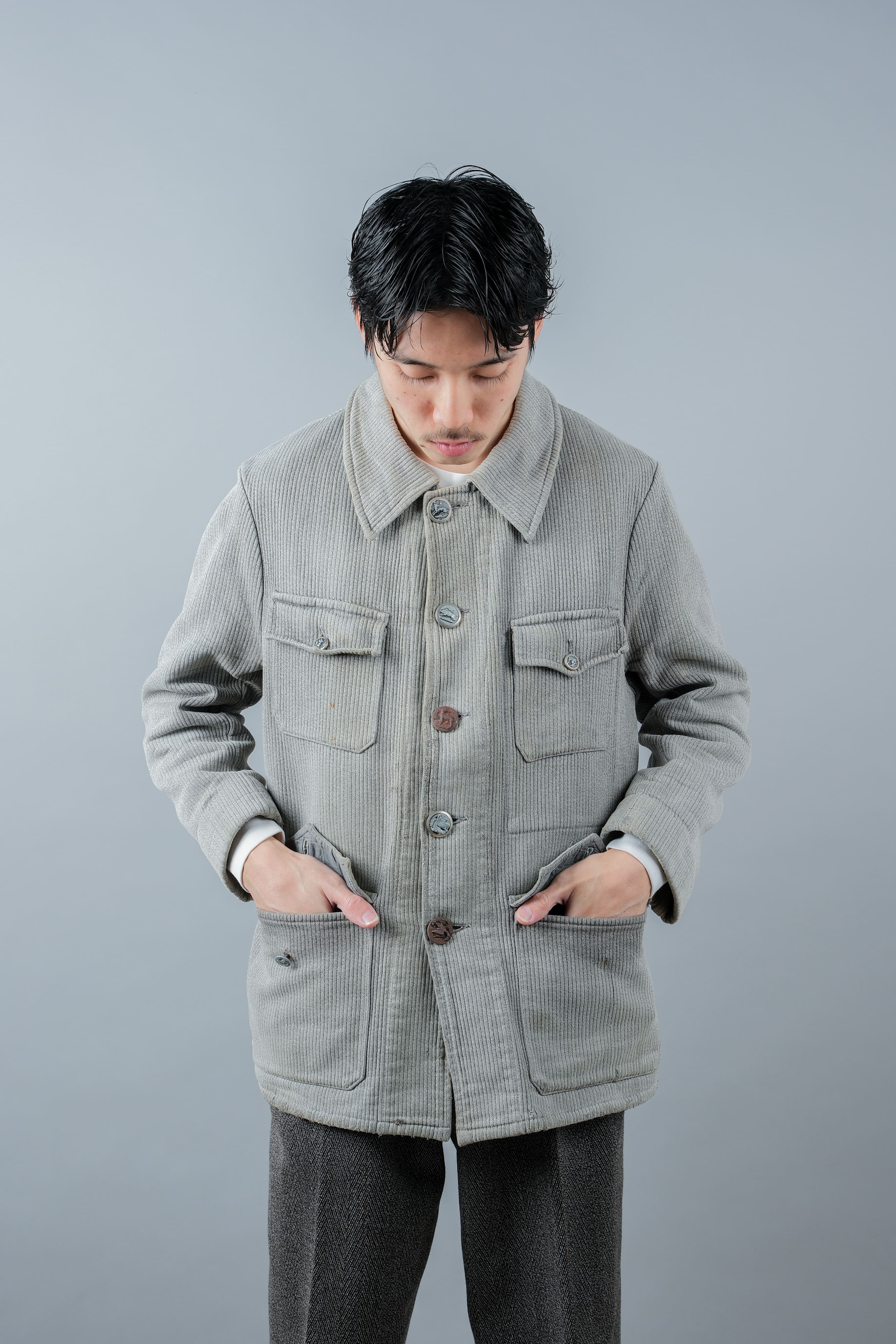 【~50's】French Vintage Gray Cotton Pique Hunting Jacket