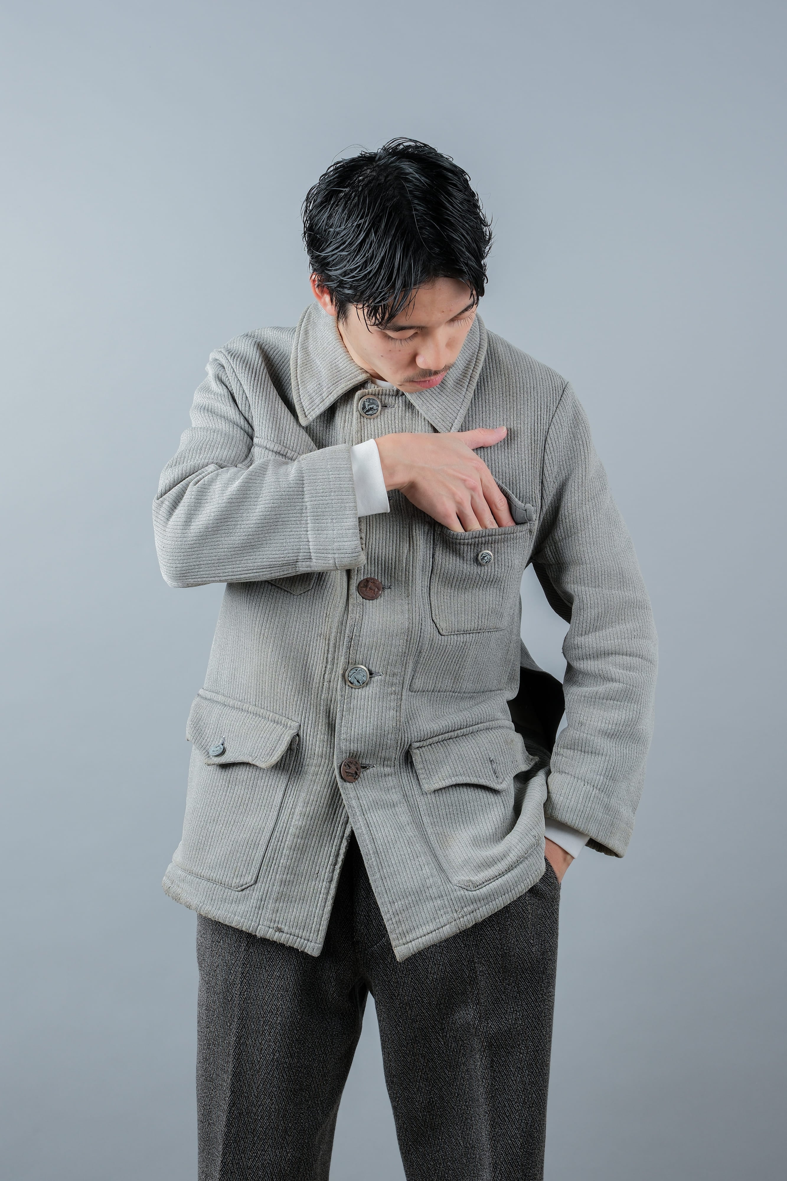 【~50's】French Vintage Gray Cotton Pique Hunting Jacket