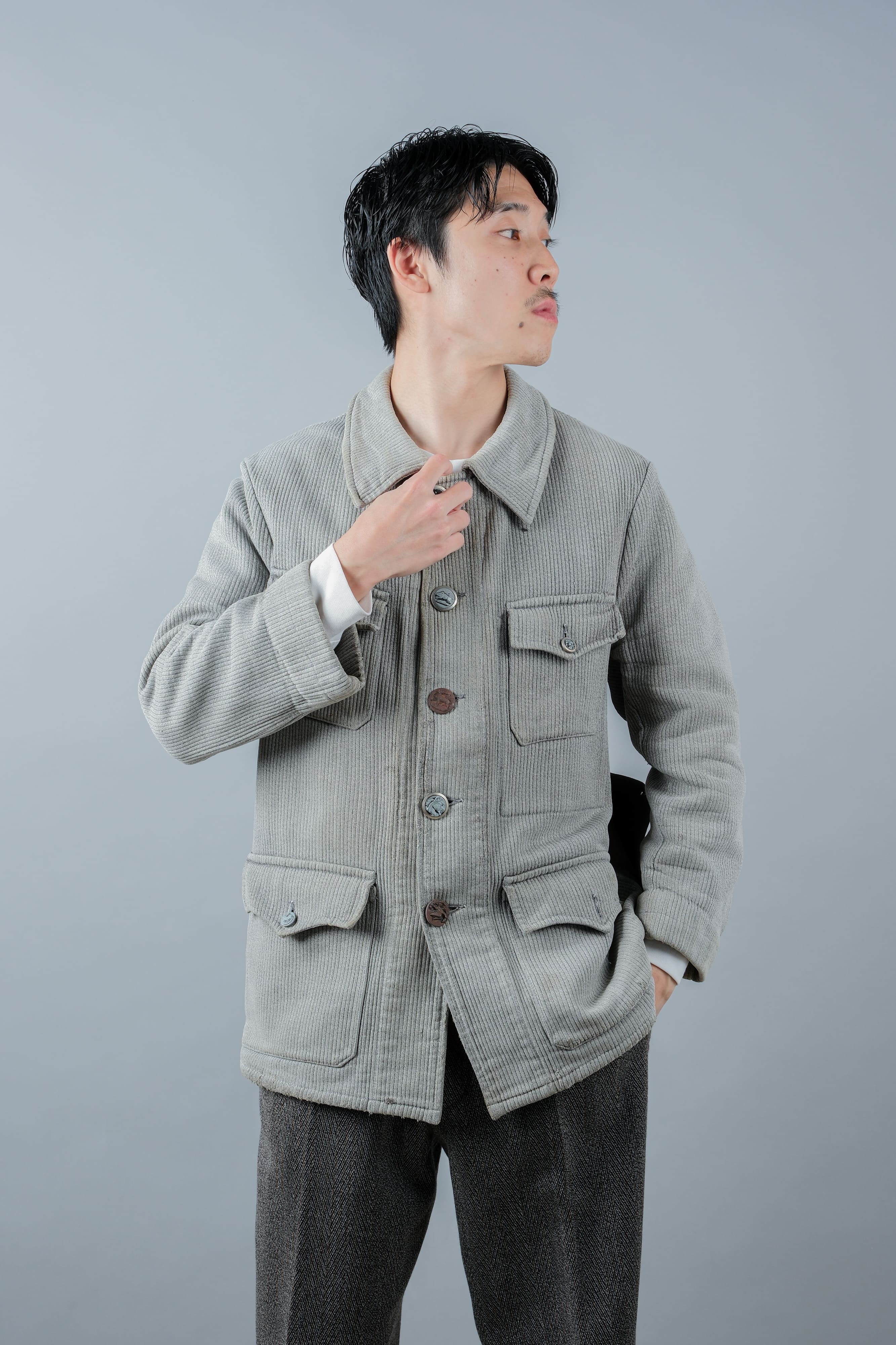 【~50's】French Vintage Gray Cotton Pique Hunting Jacket