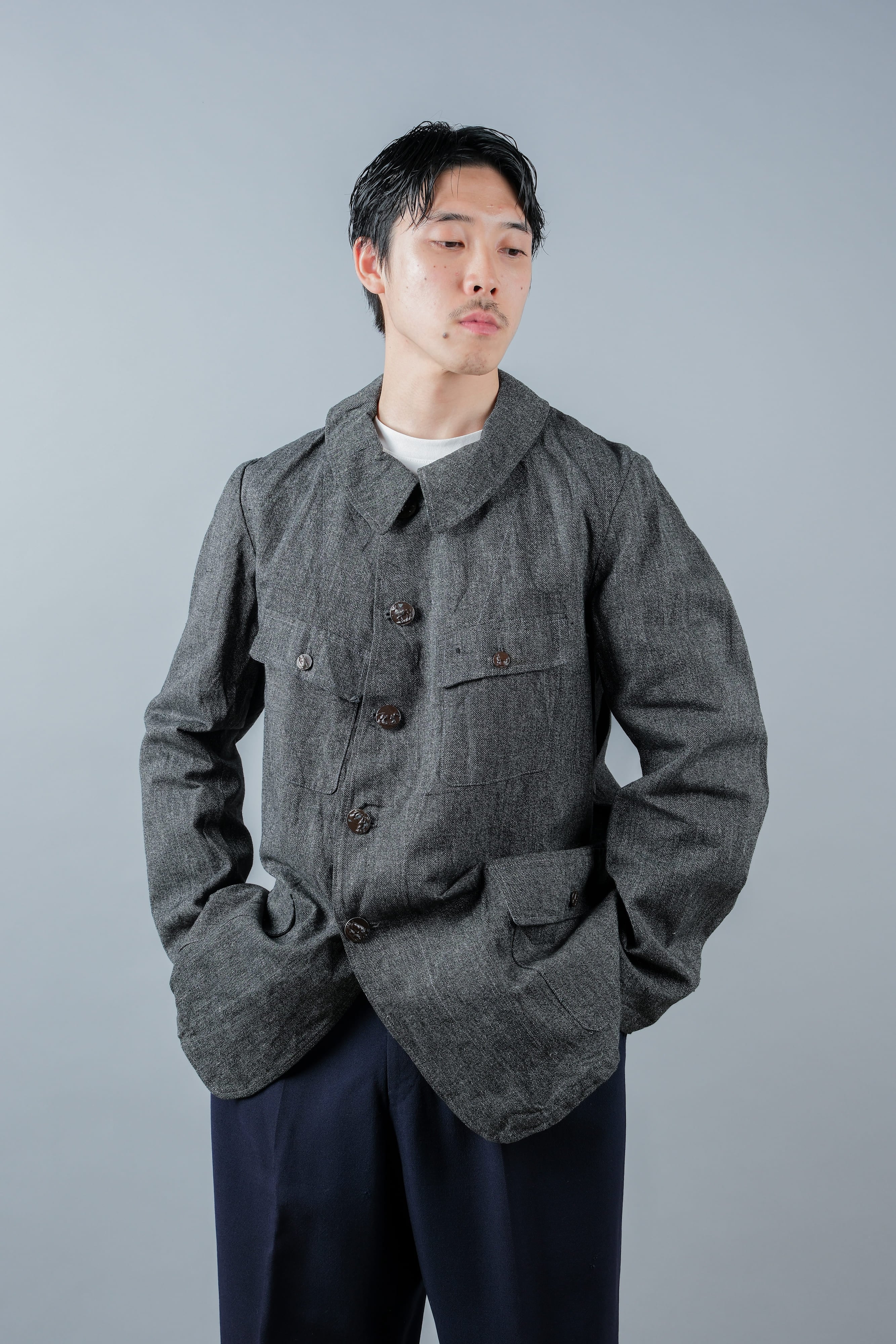 【~30’s】French Vintage Salt & Pepper Cotton Twill Hunting Jacket