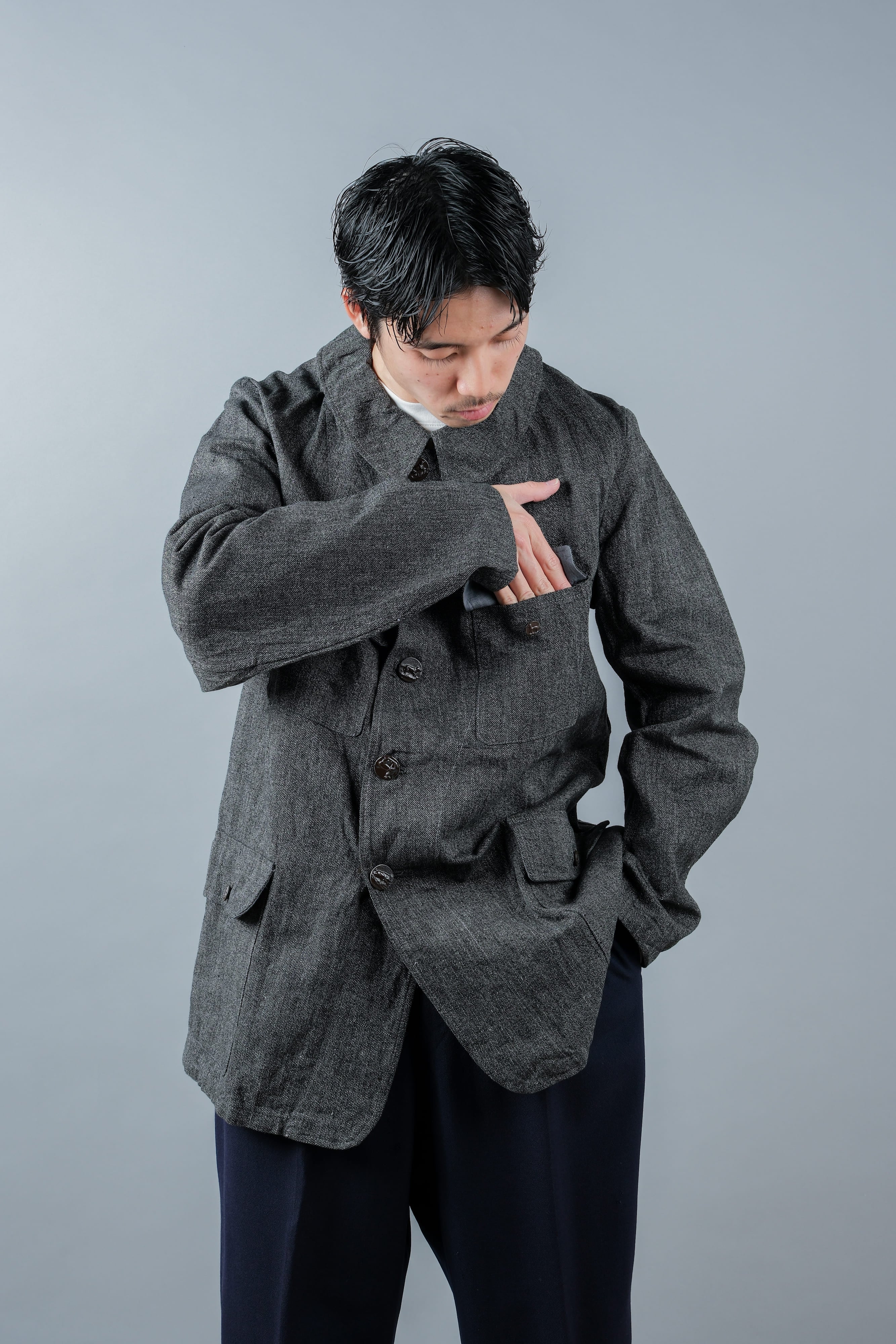 【~30’s】French Vintage Salt & Pepper Cotton Twill Hunting Jacket