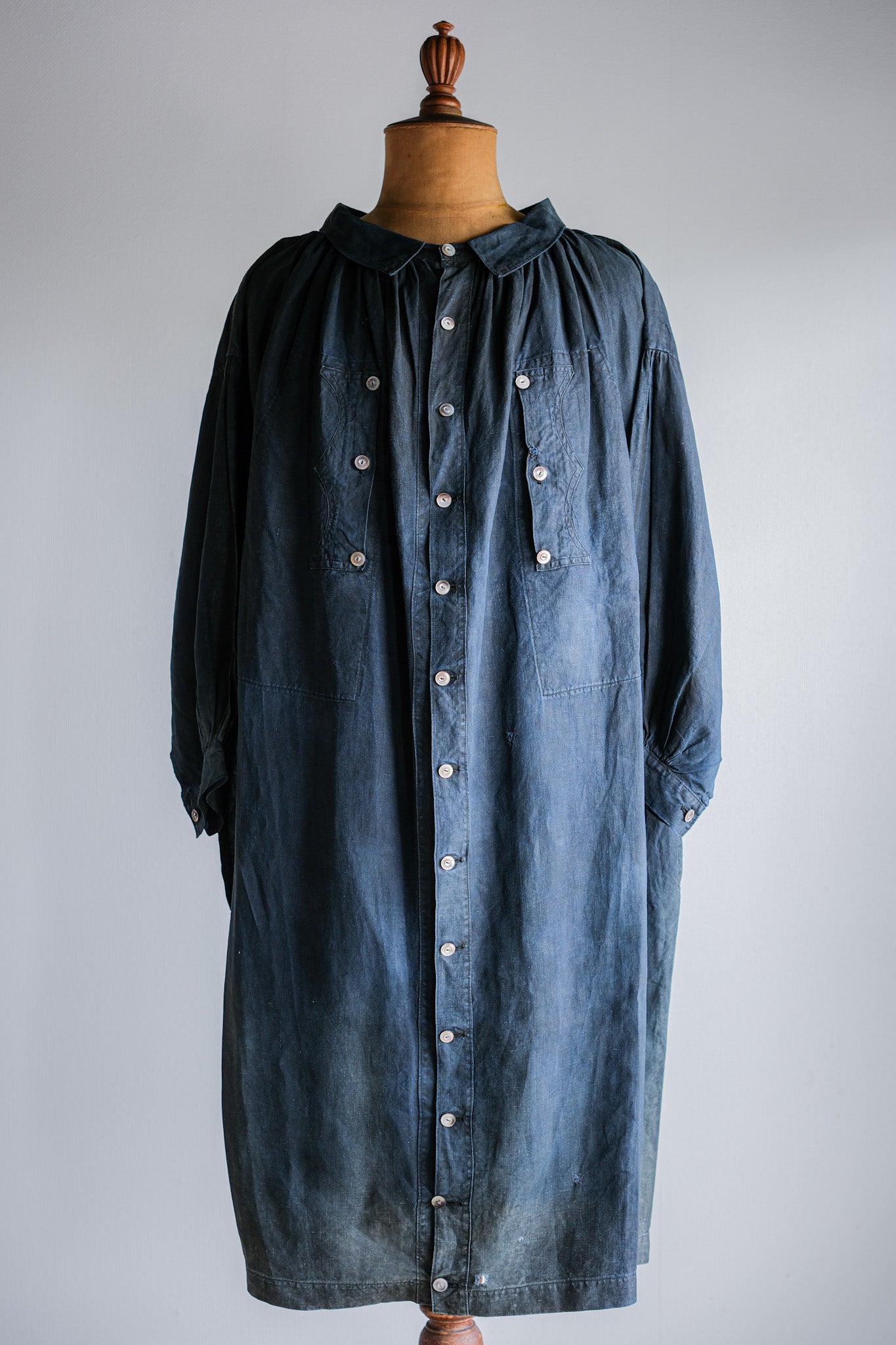 【Early 20th C】French Antique Indigo Linen Smock "Full Open Type" "Biaude"