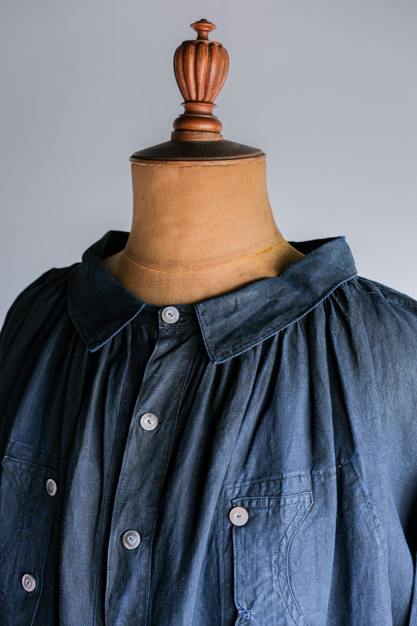 【Early 20th C】French Antique Indigo Linen Smock "Full Open Type" "Biaude"