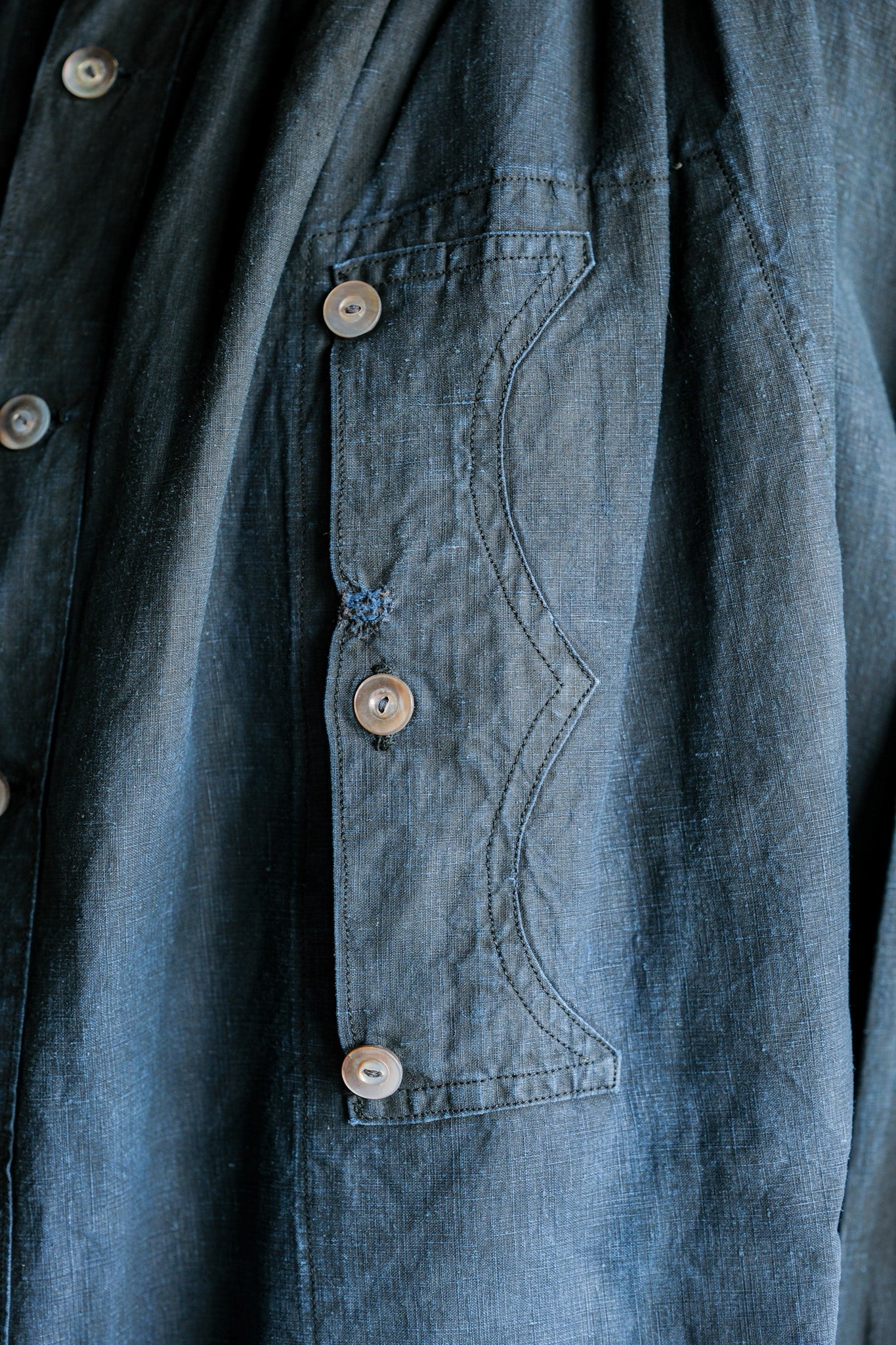 【Early 20th C】French Antique Indigo Linen Smock "Full Open Type" "Biaude"