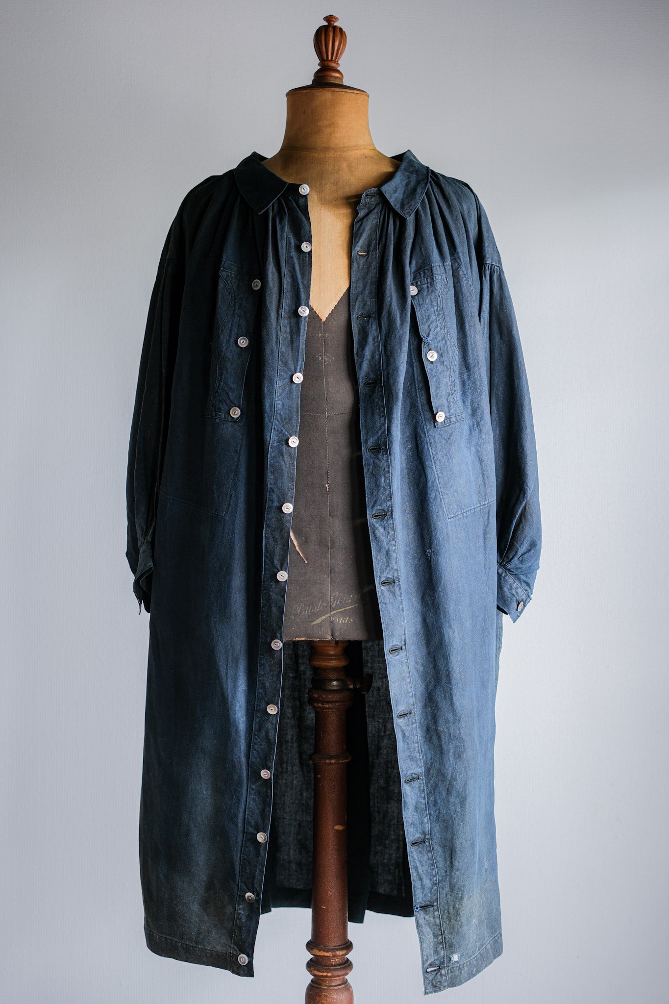 【Early 20th C】French Antique Indigo Linen Smock "Full Open Type" "Biaude"
