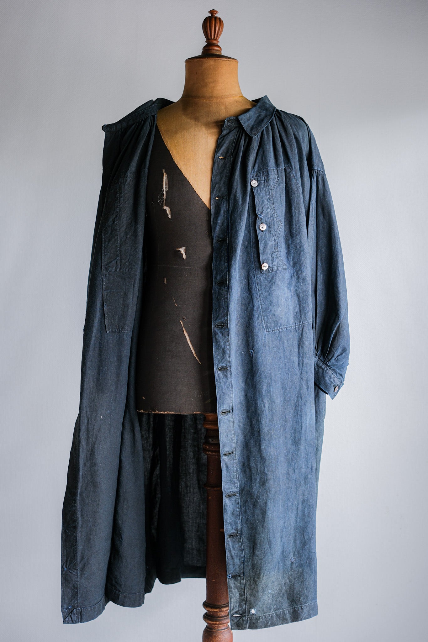 【Early 20th C】French Antique Indigo Linen Smock "Full Open Type" "Biaude"