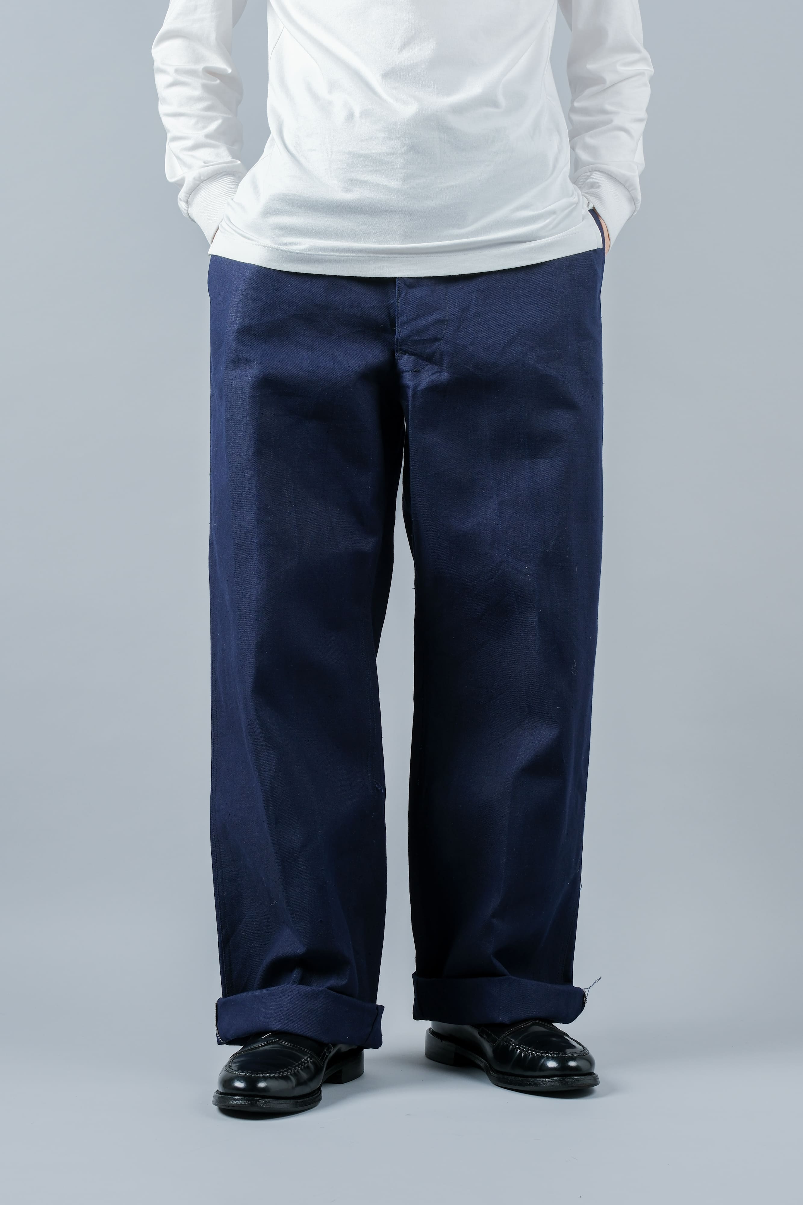 【~50's】French Vintage Blue Cotton Linen Twill Work Pants Size.48-78 "Dead Stock"
