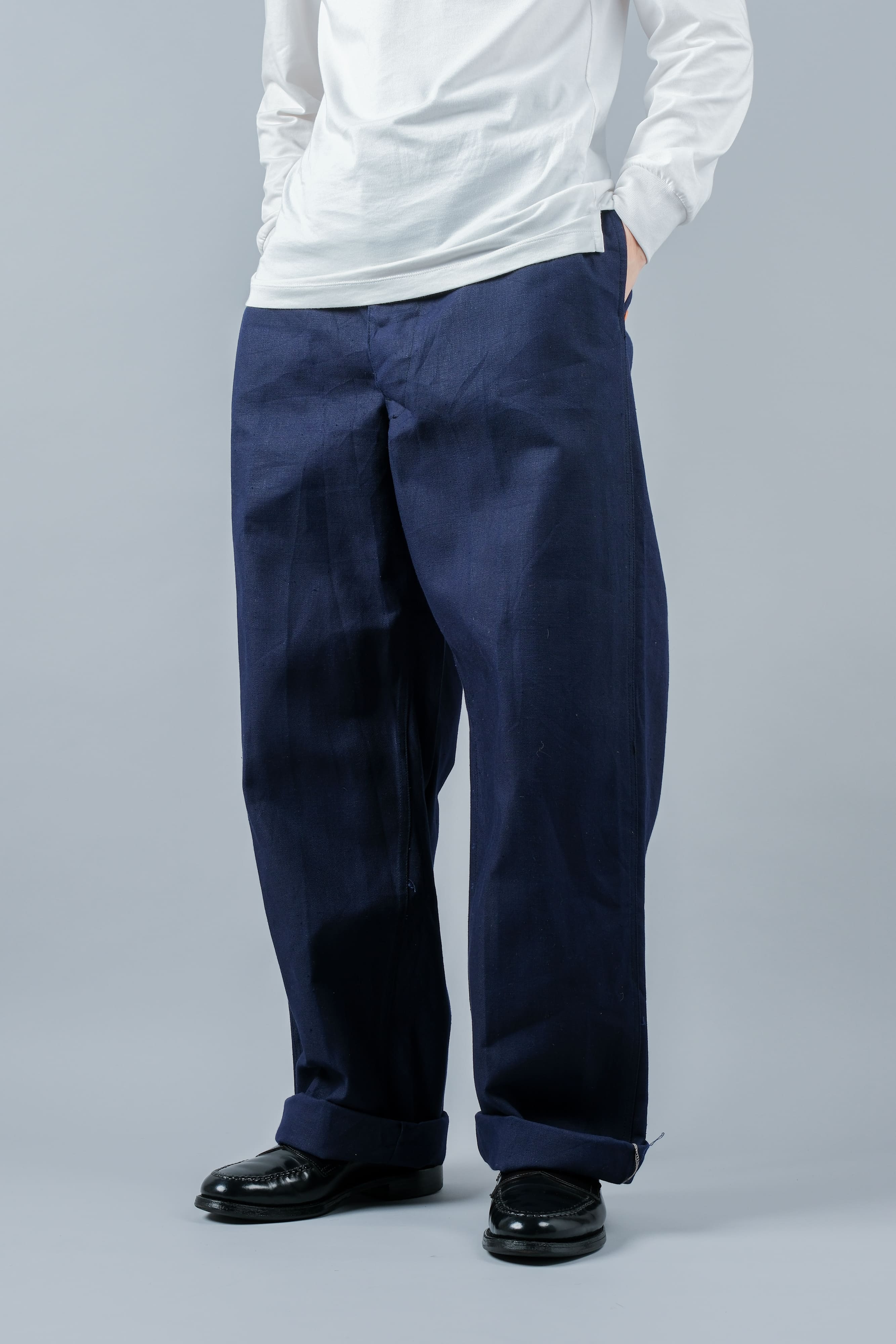 【~50's】French Vintage Blue Cotton Linen Twill Work Pants Size.48-78 "Dead Stock"