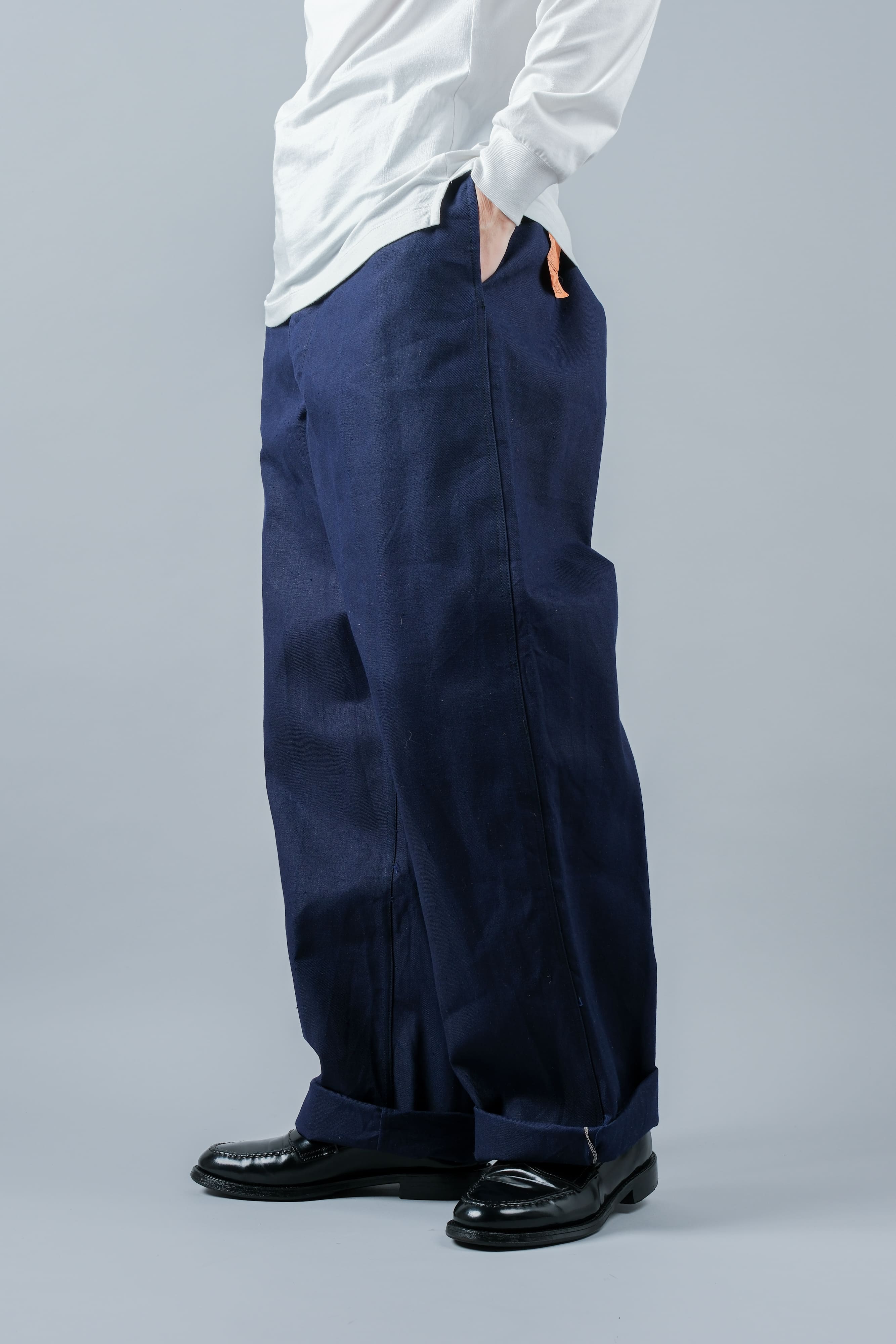 【~50's】French Vintage Blue Cotton Linen Twill Work Pants Size.48-78 "Dead Stock"