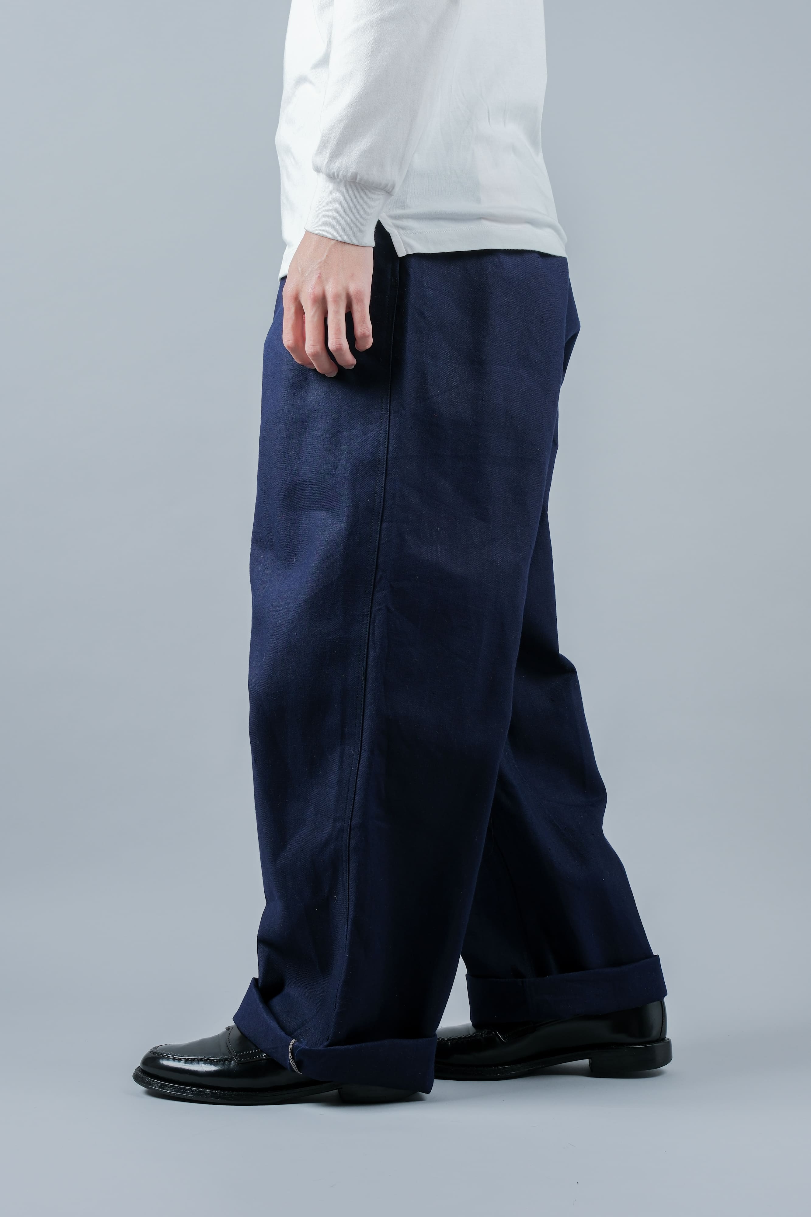 【~50's】French Vintage Blue Cotton Linen Twill Work Pants Size.48-78 "Dead Stock"