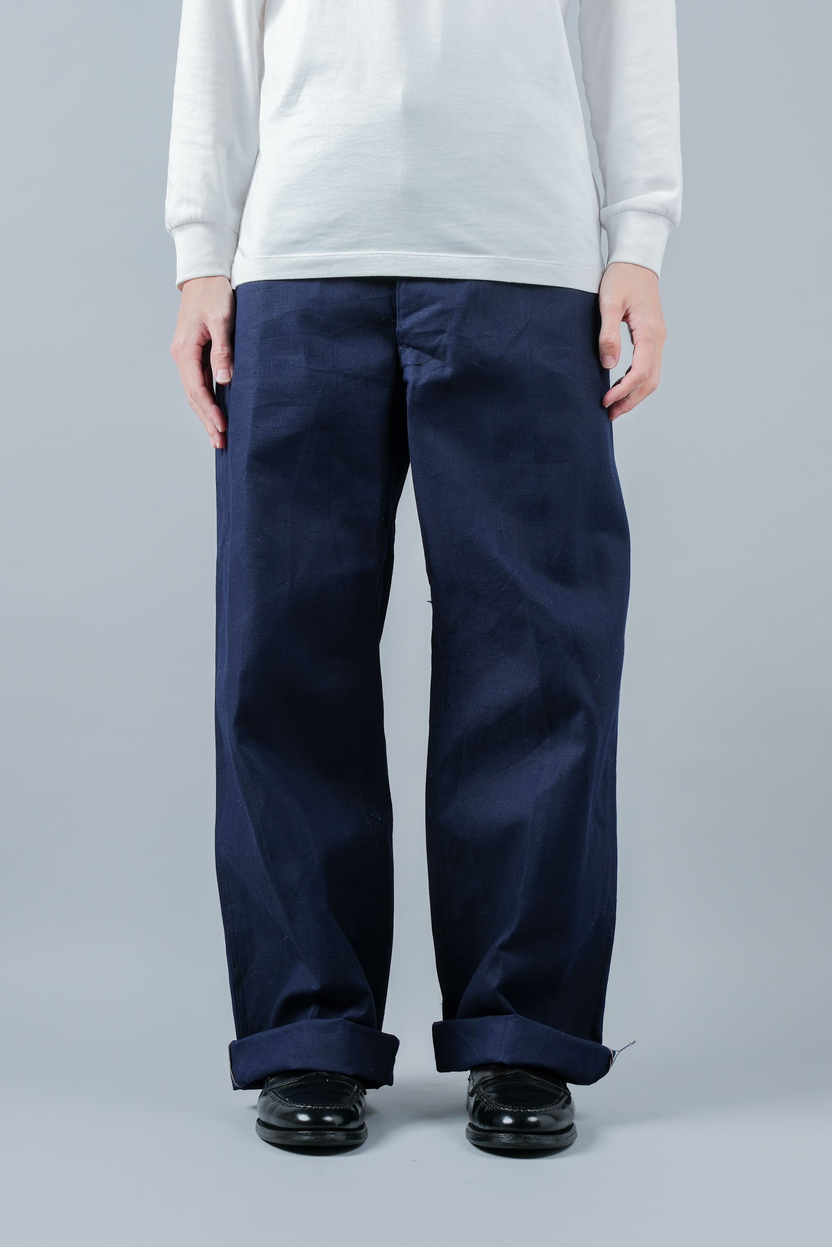 【~50's】French Vintage Blue Cotton Linen Twill Work Pants Size.48-78 "Dead Stock"