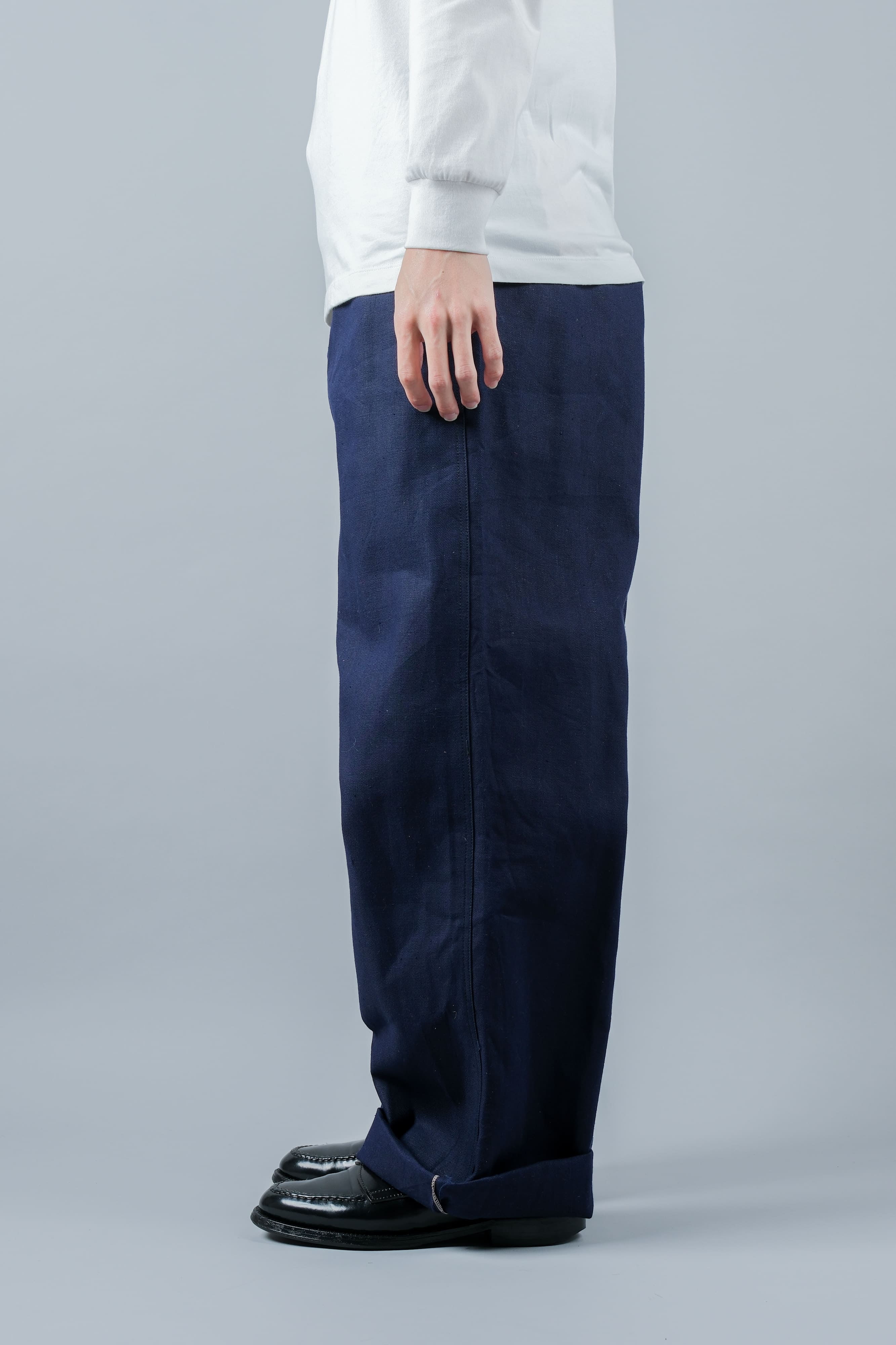 【~50's】French Vintage Blue Cotton Linen Twill Work Pants Size.48-78 "Dead Stock"