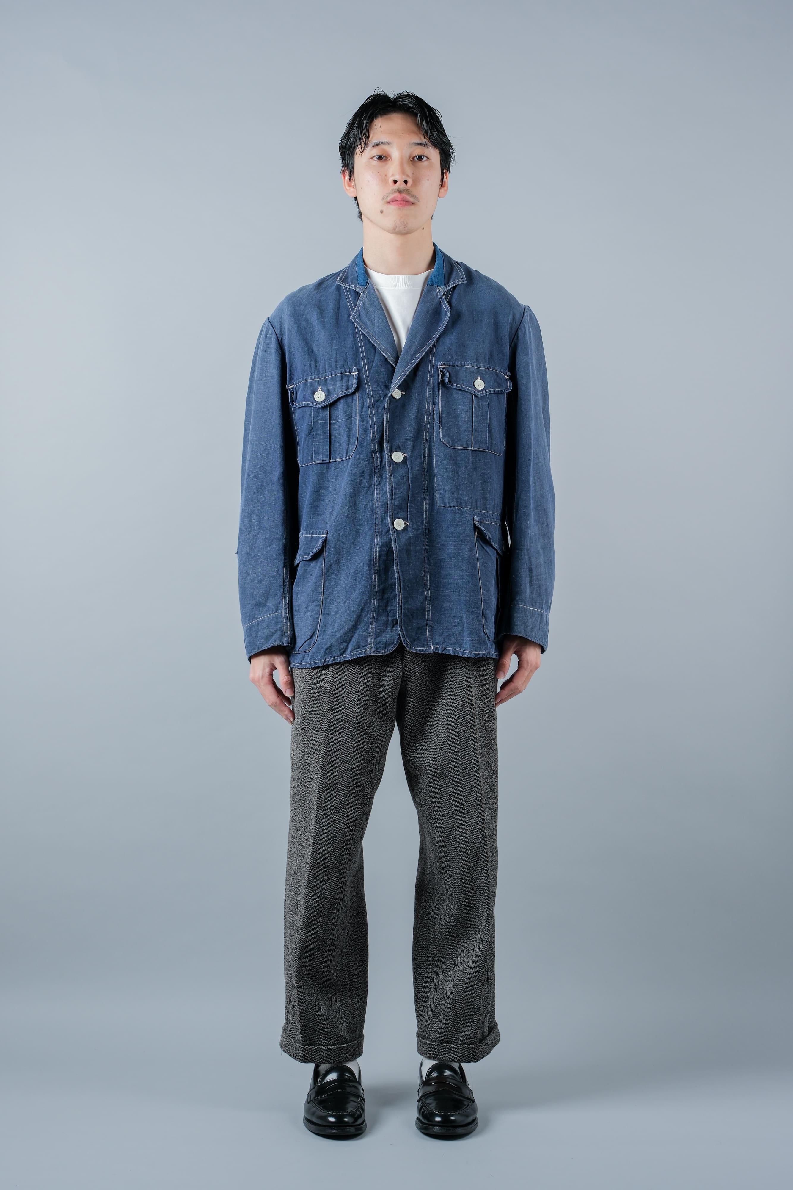 【~30’s】French Vintage Indigo Linen 4 Pockets Lapel Work Jacket