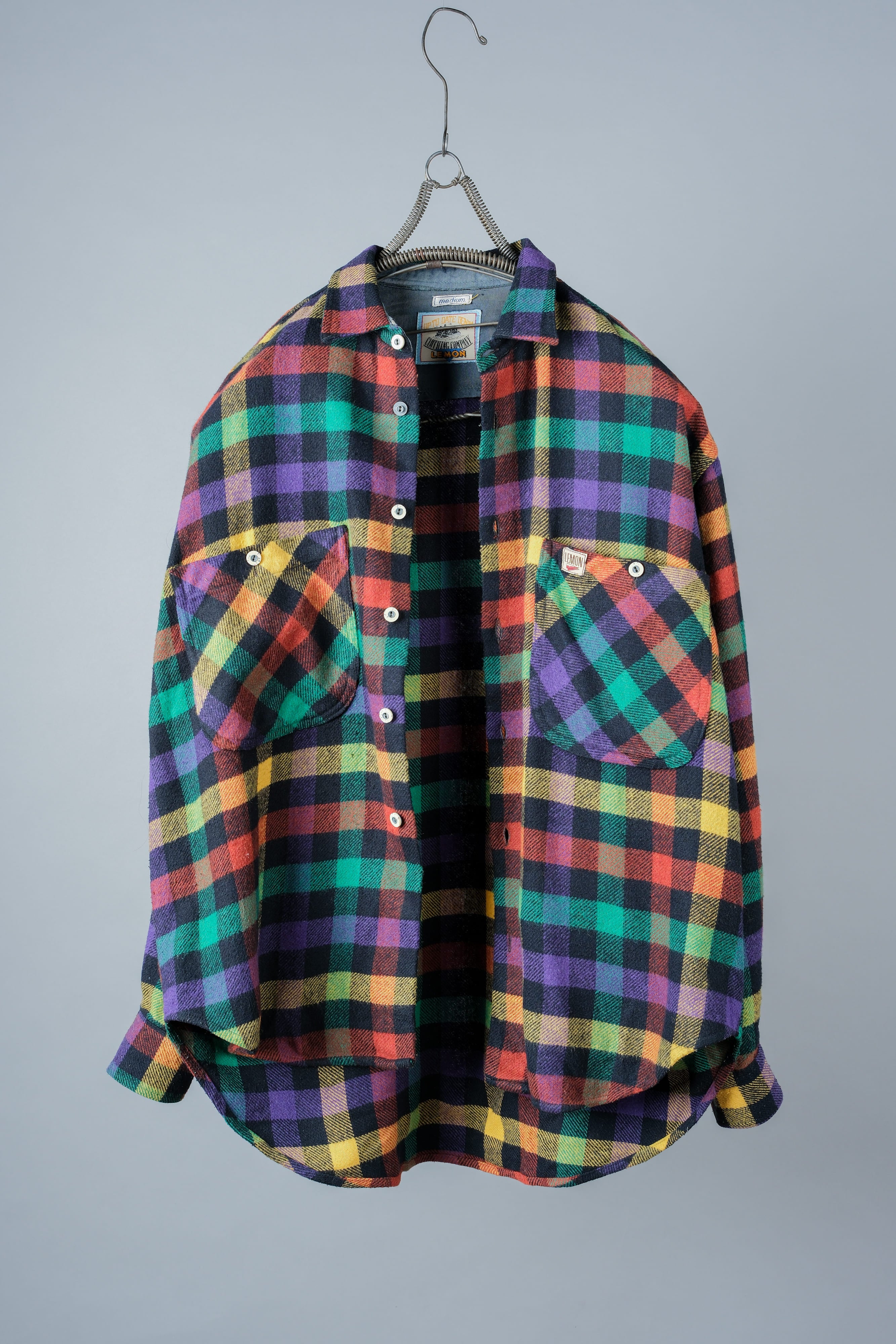 【~80's】Italian Vintage Mixed Wool Rainbow Plaid Shirt Size.MEDIUM