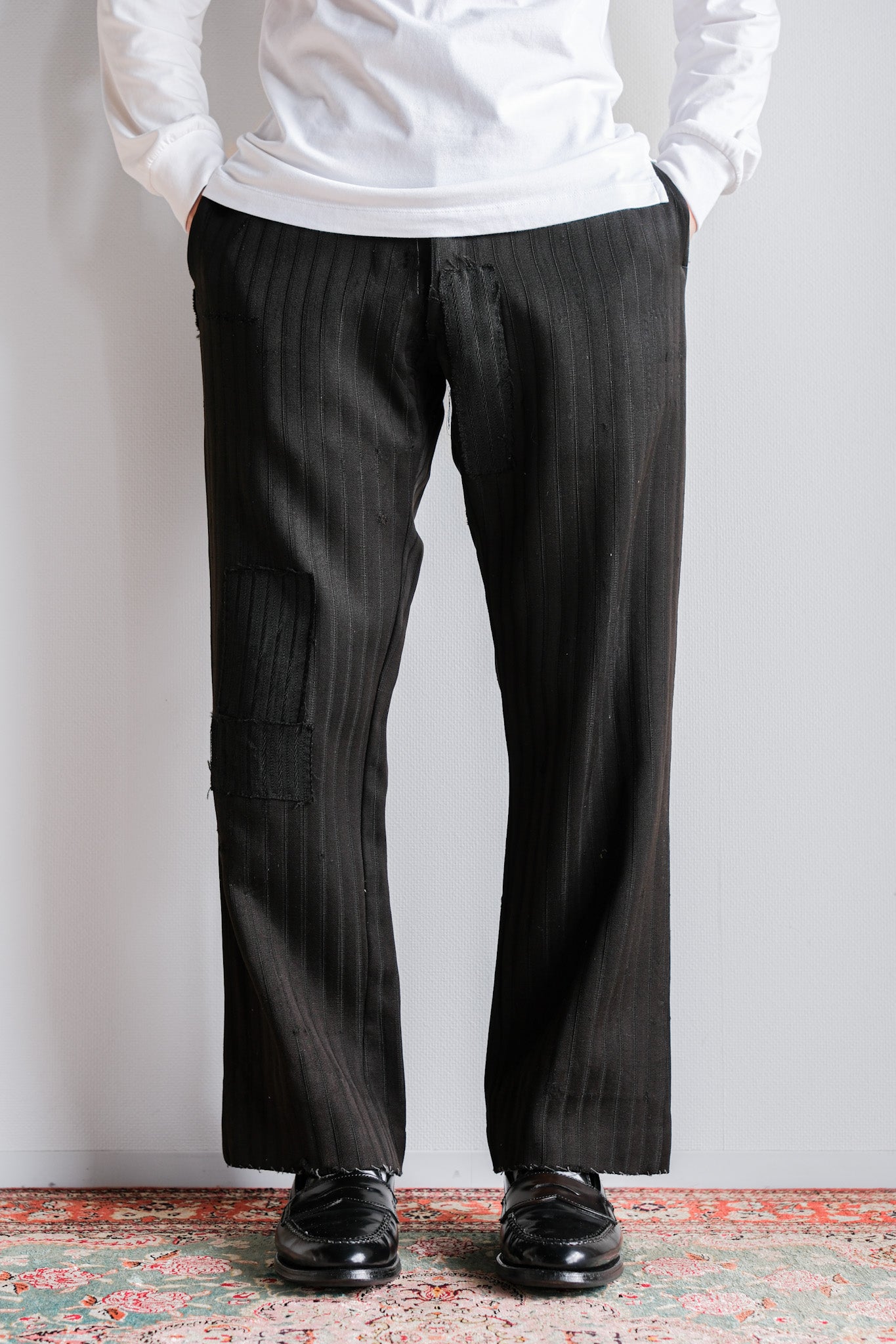 【~20's】French Vintage Black Wool Striped Work Pants "Indigo Cotton Lining"