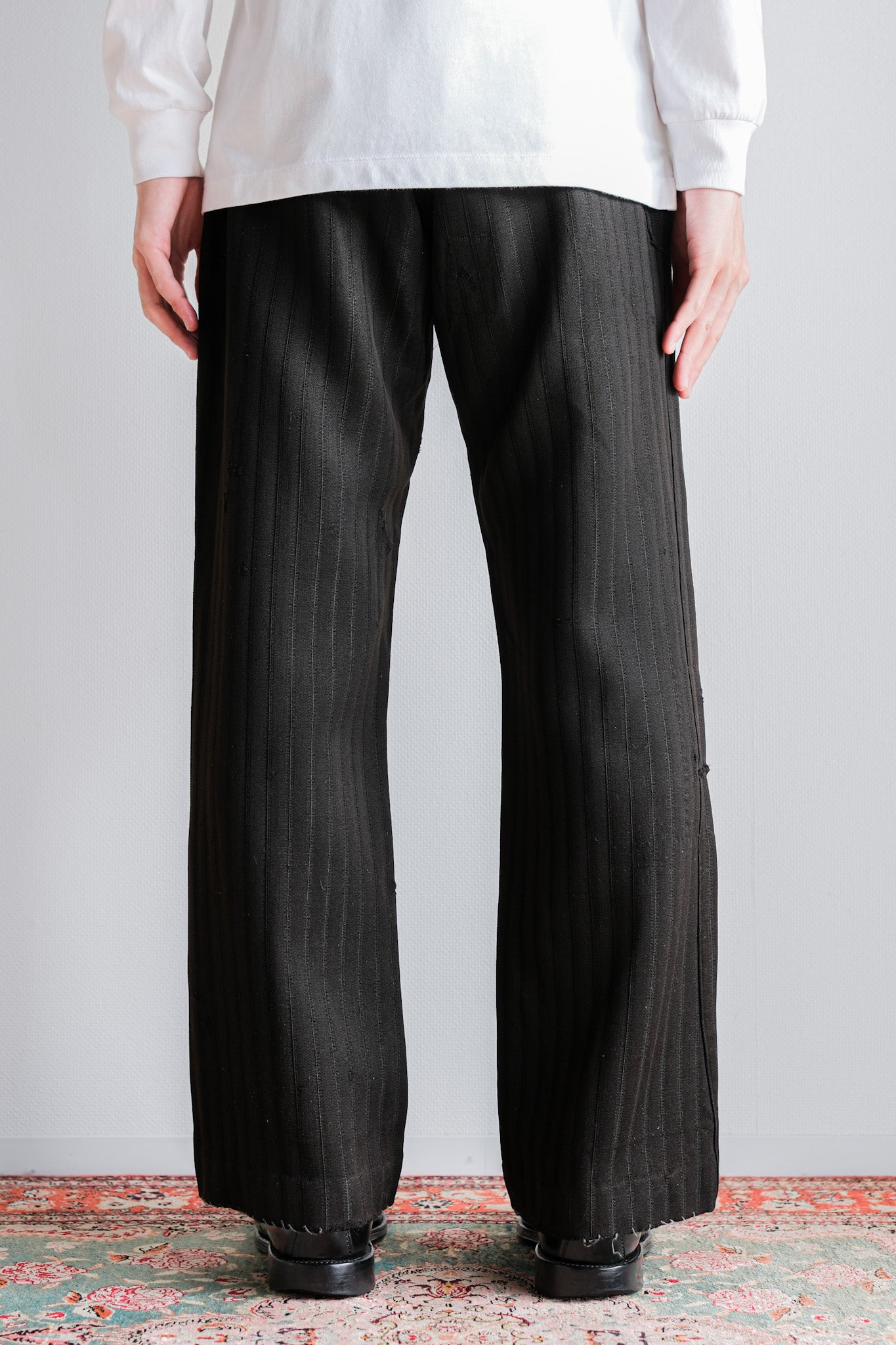 【~20's】French Vintage Black Wool Striped Work Pants "Indigo Cotton Lining"