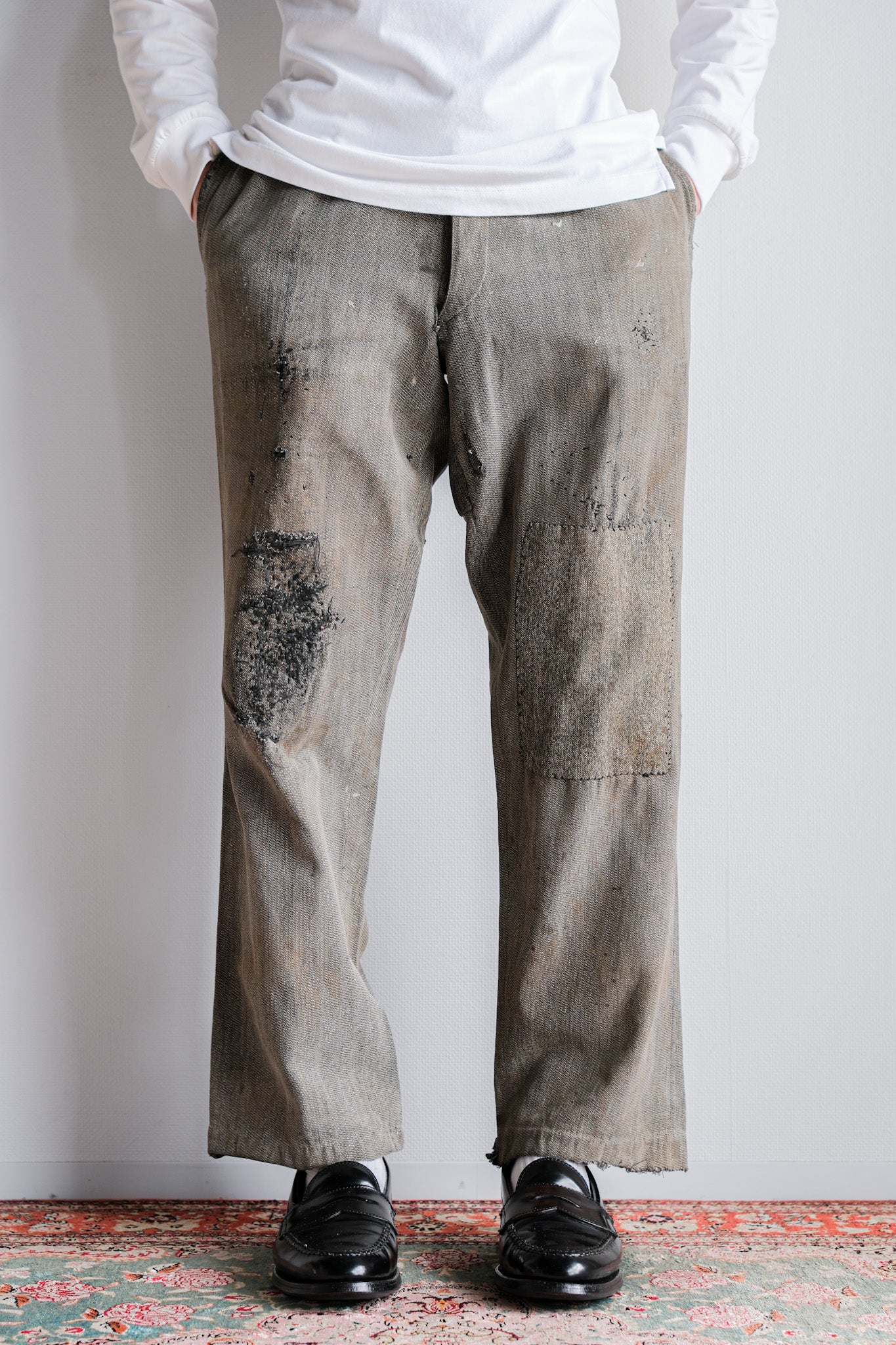 【~10's】French Antique Salt & Pepper Cotton Twill Work Pants "Boro"