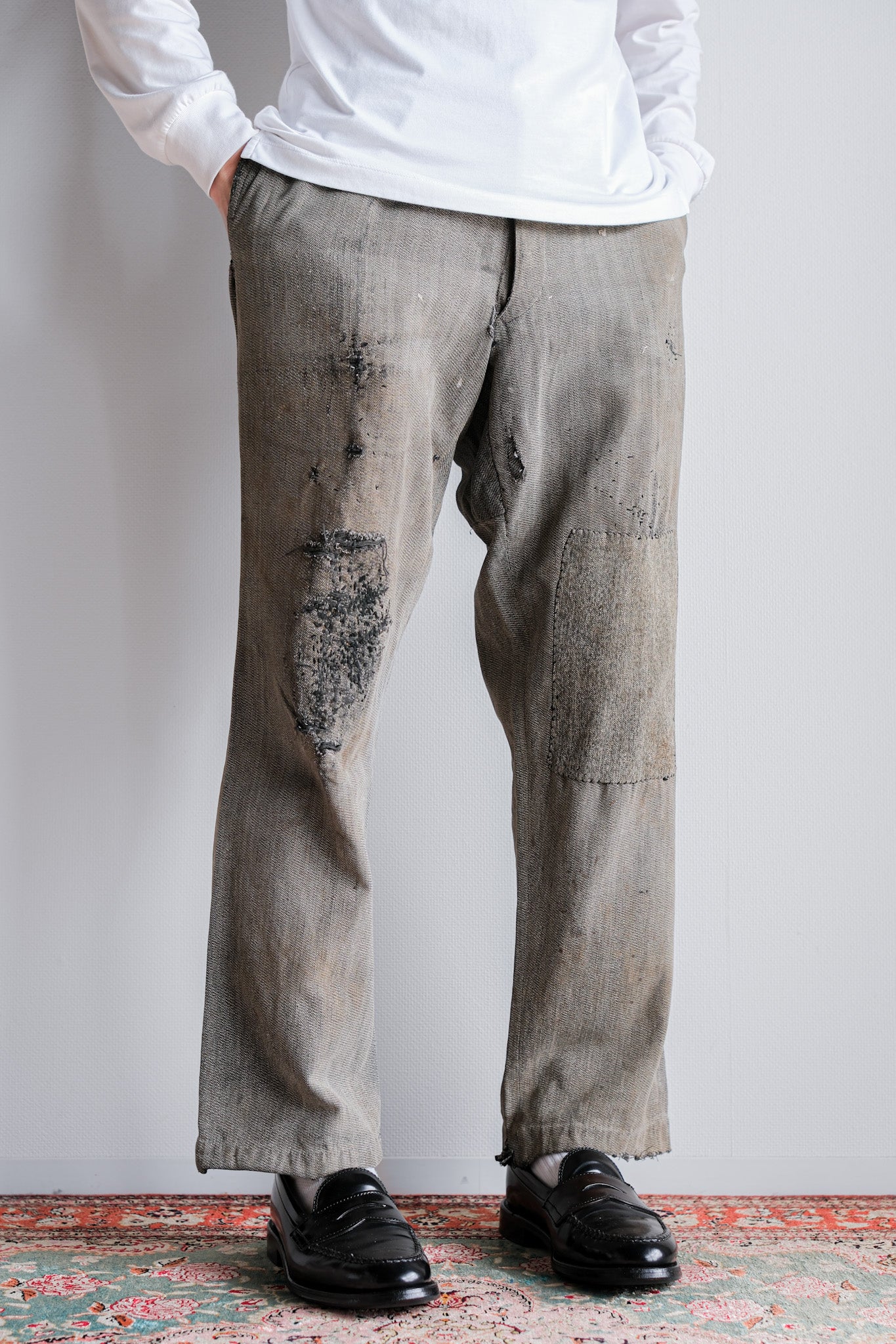 【~10's】French Antique Salt & Pepper Cotton Twill Work Pants "Boro"