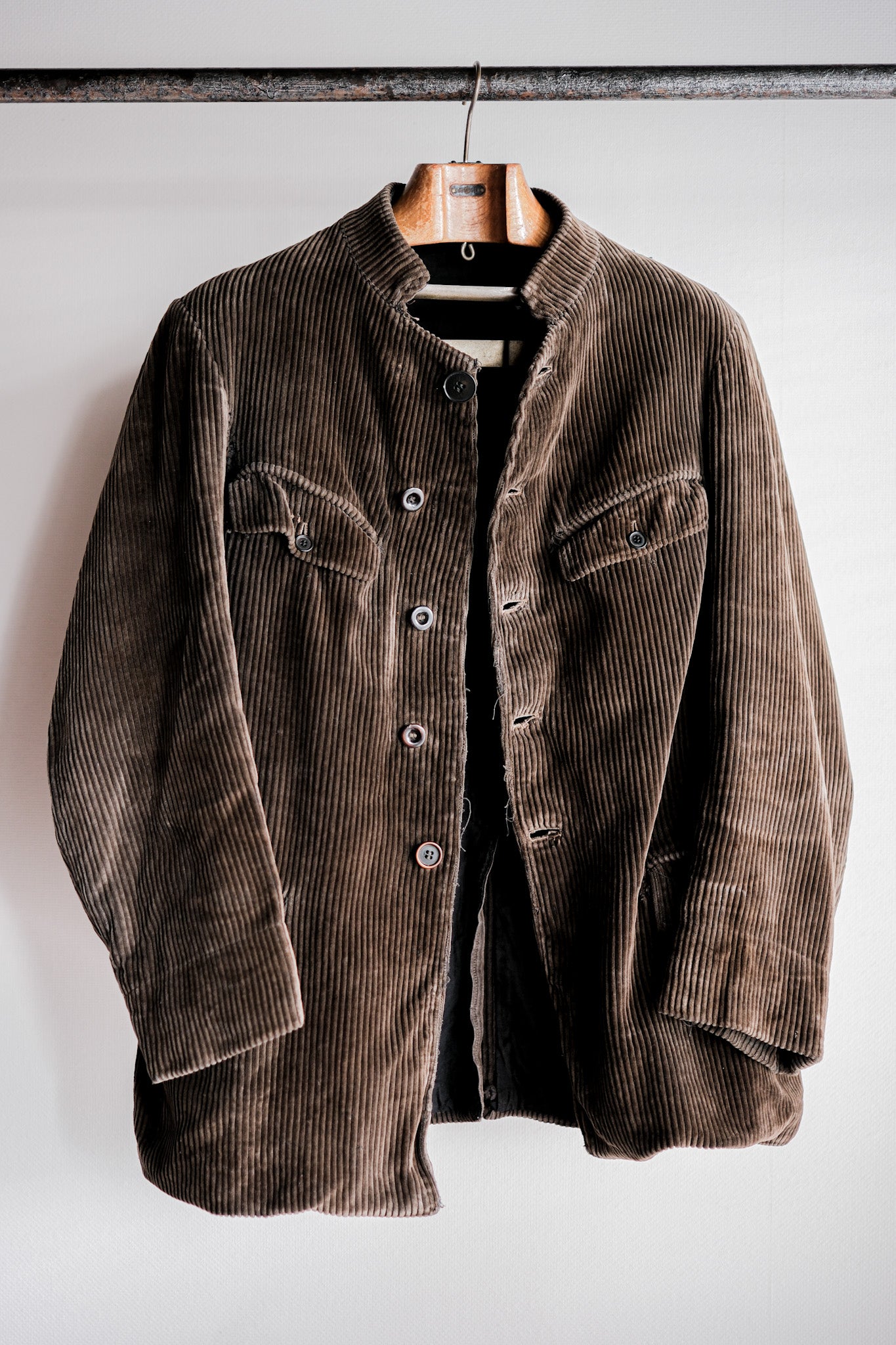 【~30’s】French Vintage Brown Corduroy Stand Collar Work Jacket "Unusual Pattern"