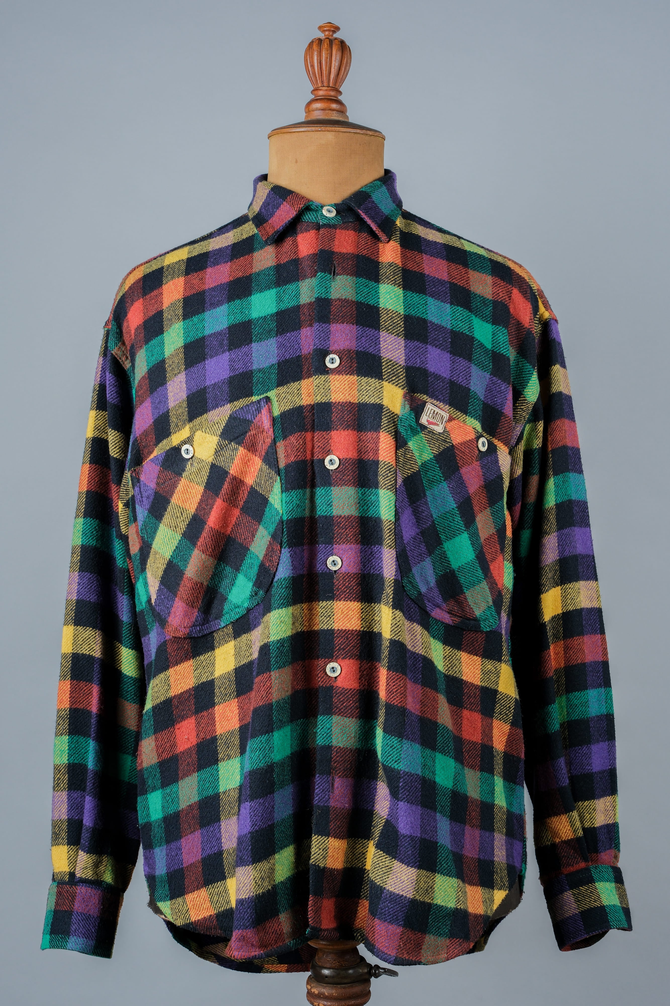 【~80's】Italian Vintage Mixed Wool Rainbow Plaid Shirt Size.MEDIUM