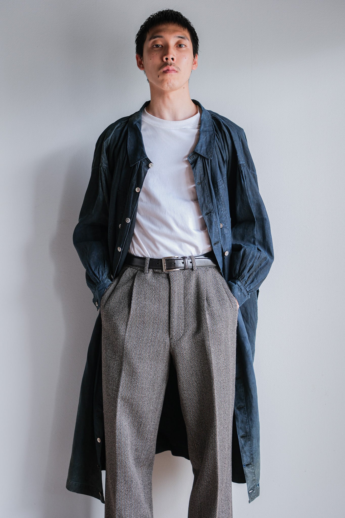 【Early 20th C】French Antique Indigo Linen Smock "Full Open Type" "Biaude"