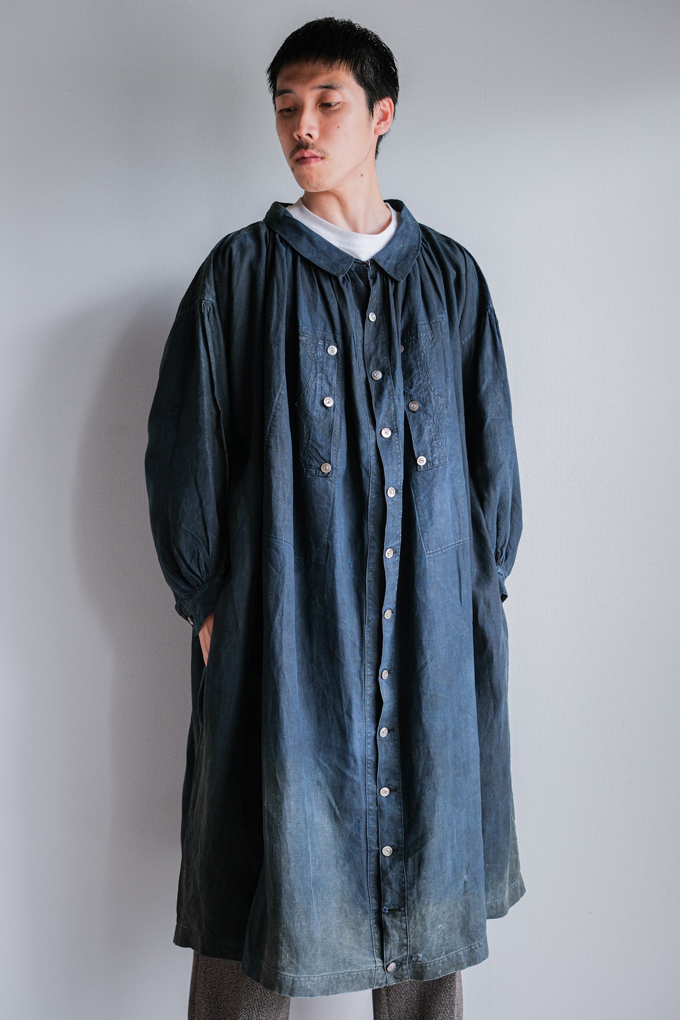 【Early 20th C】French Antique Indigo Linen Smock "Full Open Type" "Biaude"