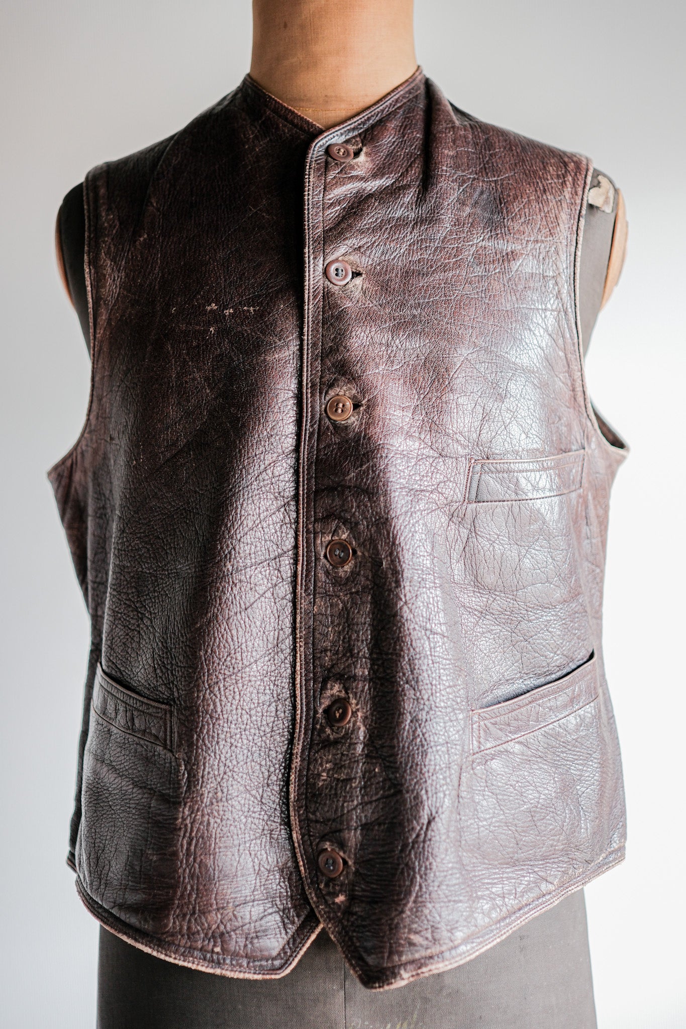 【~40's】French Vintage Brown Leather Work Gilet