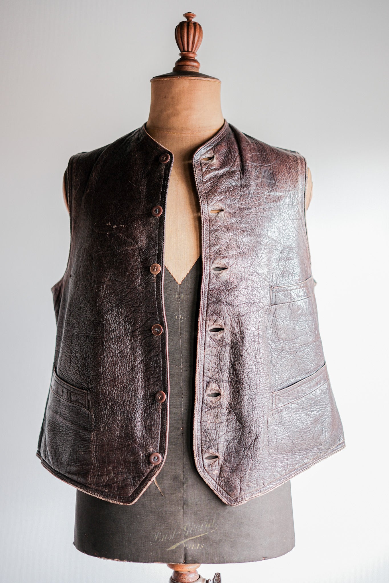 【~40's】French Vintage Brown Leather Work Gilet