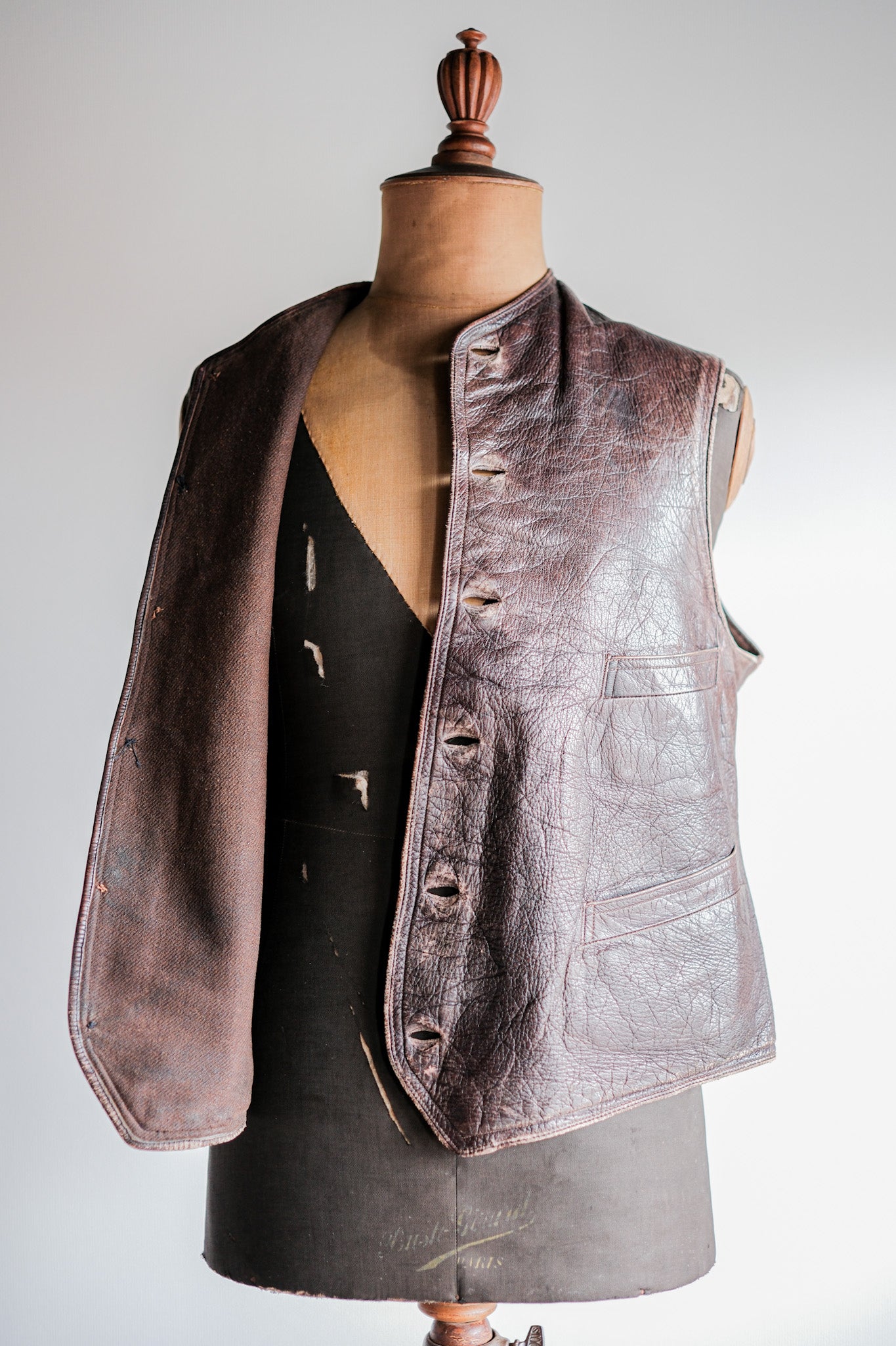 【~40's】French Vintage Brown Leather Work Gilet